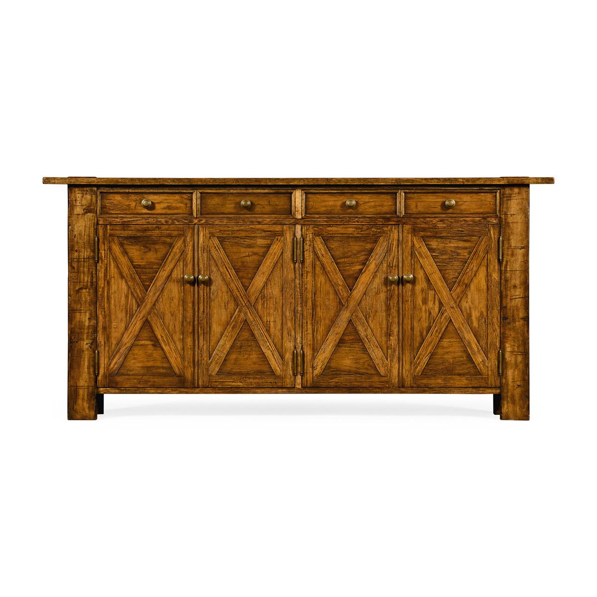 Narrow Country credenza with a rustic finish in a walnut stain, with paneled details showing exposed saw marks with four doors, shelves within, and four drawers. 

Dimensions: 84
