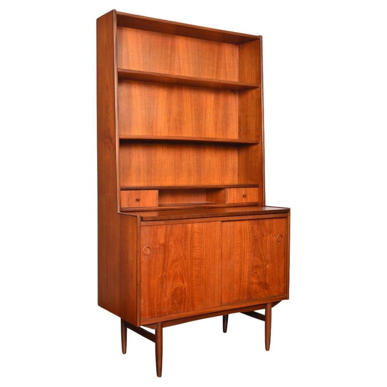 Narrow Danish Modern Bookcase / Secretary Desk in Teak For Sale at 1stDibs