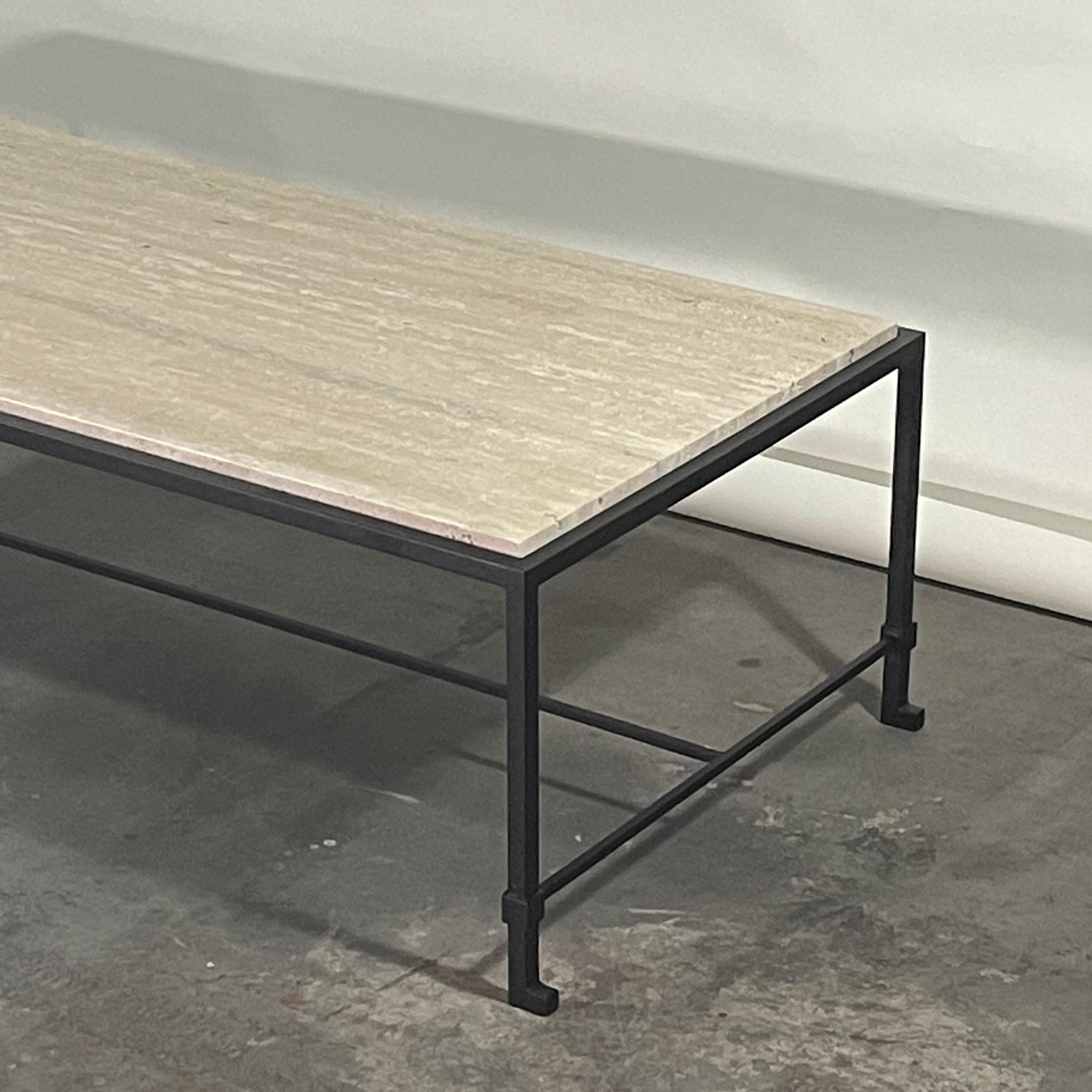 French Narrow 'Diagramme' Iron and Travertine Coffee Table by Design Frères For Sale