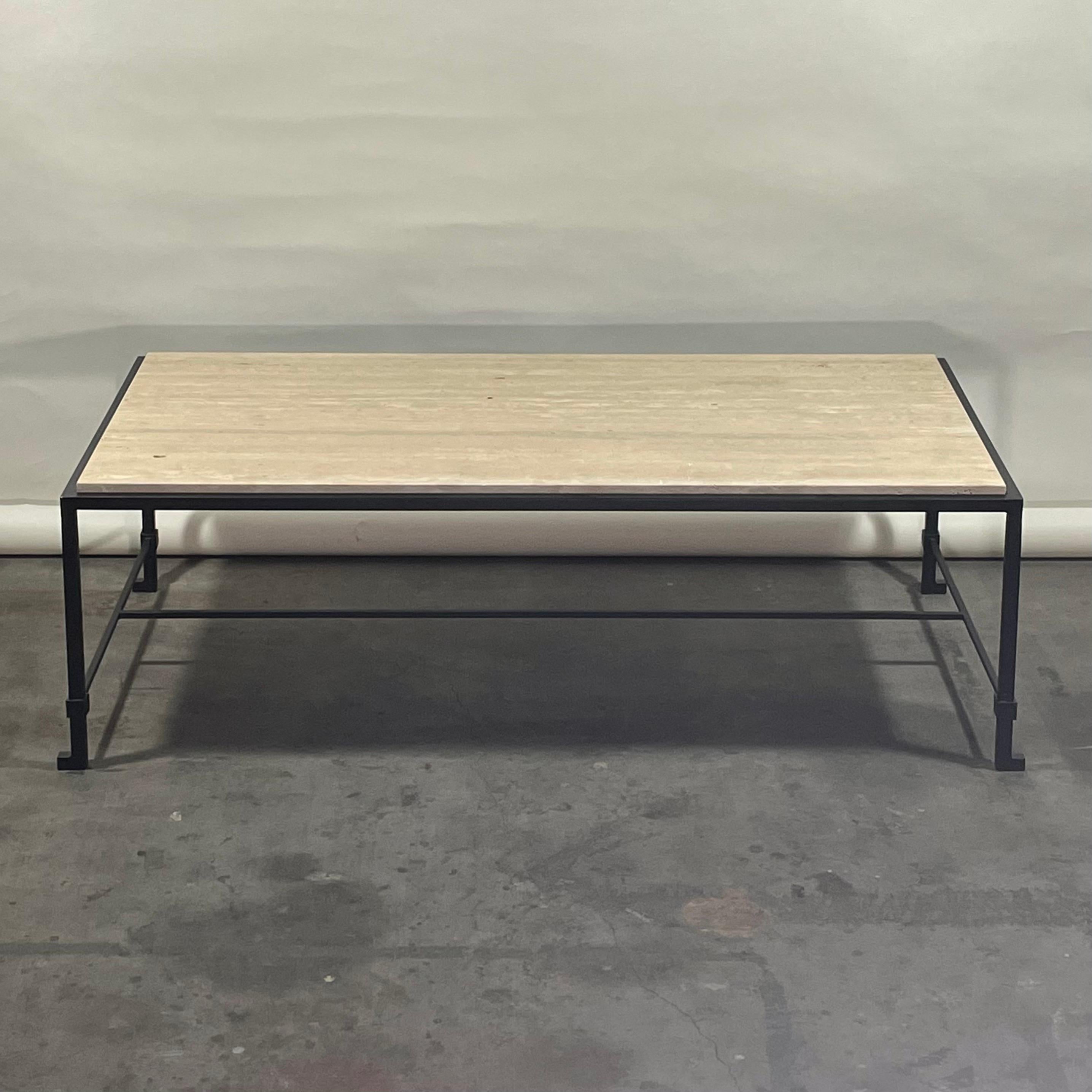 Narrow 'Diagramme' Iron and Travertine Coffee Table by Design Frères In New Condition For Sale In Los Angeles, CA