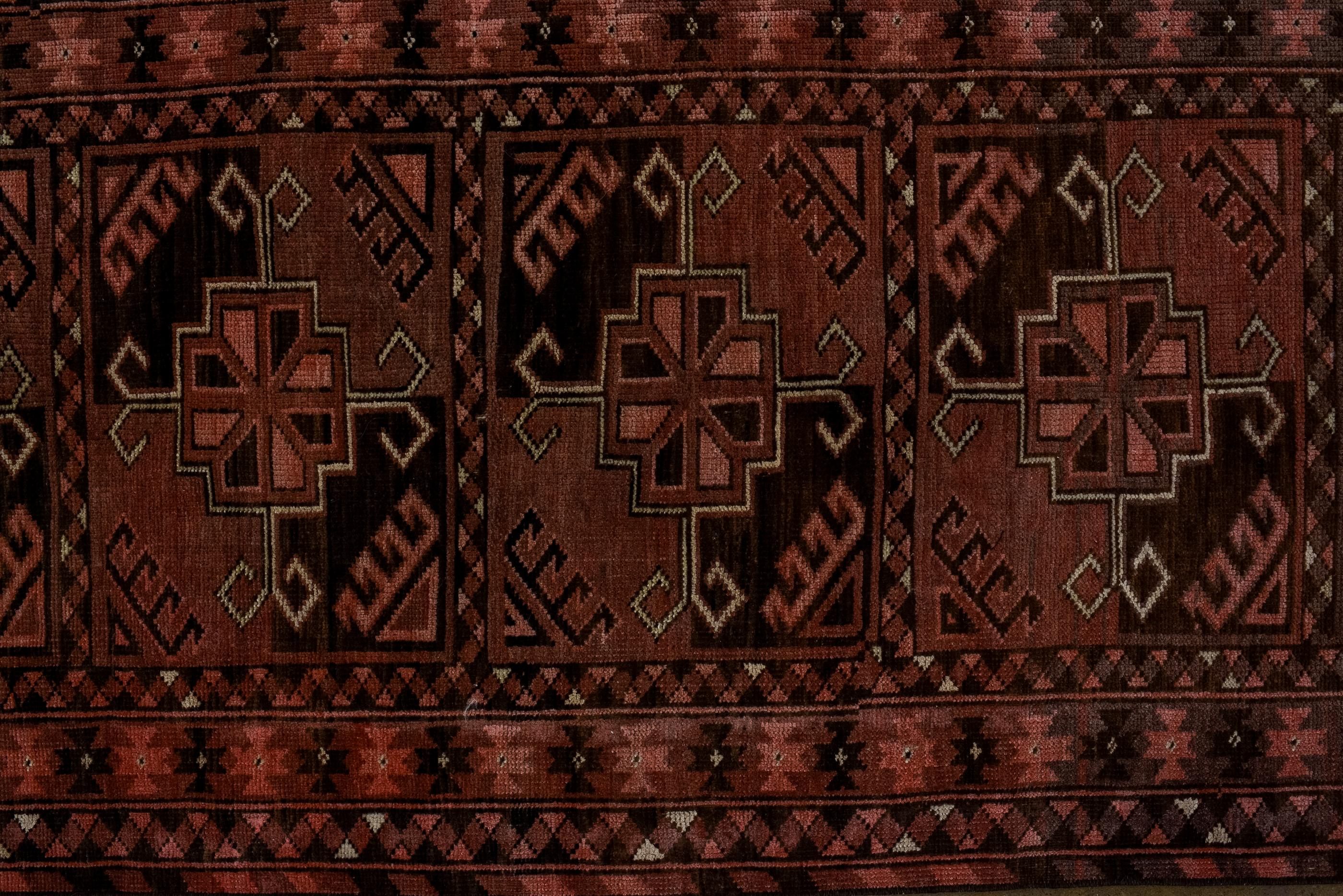 Hand-Knotted Narrow Ersari Runner with Rusty Beige and Chocolate Colors, Circa 1930's For Sale