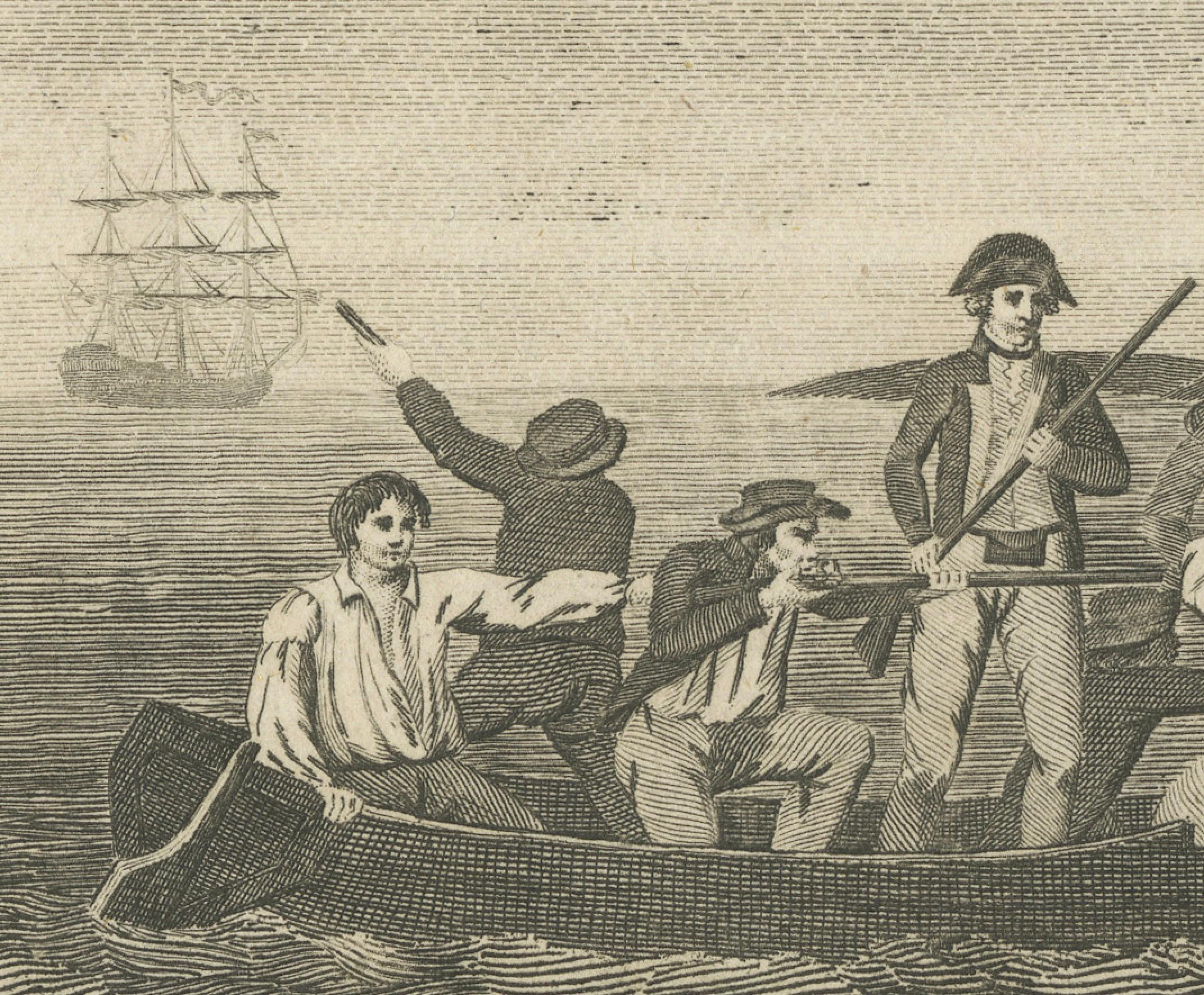 Engraved Narrow Escape: Captain Cook's Perilous Departure from Erromango, Circa 1790 For Sale