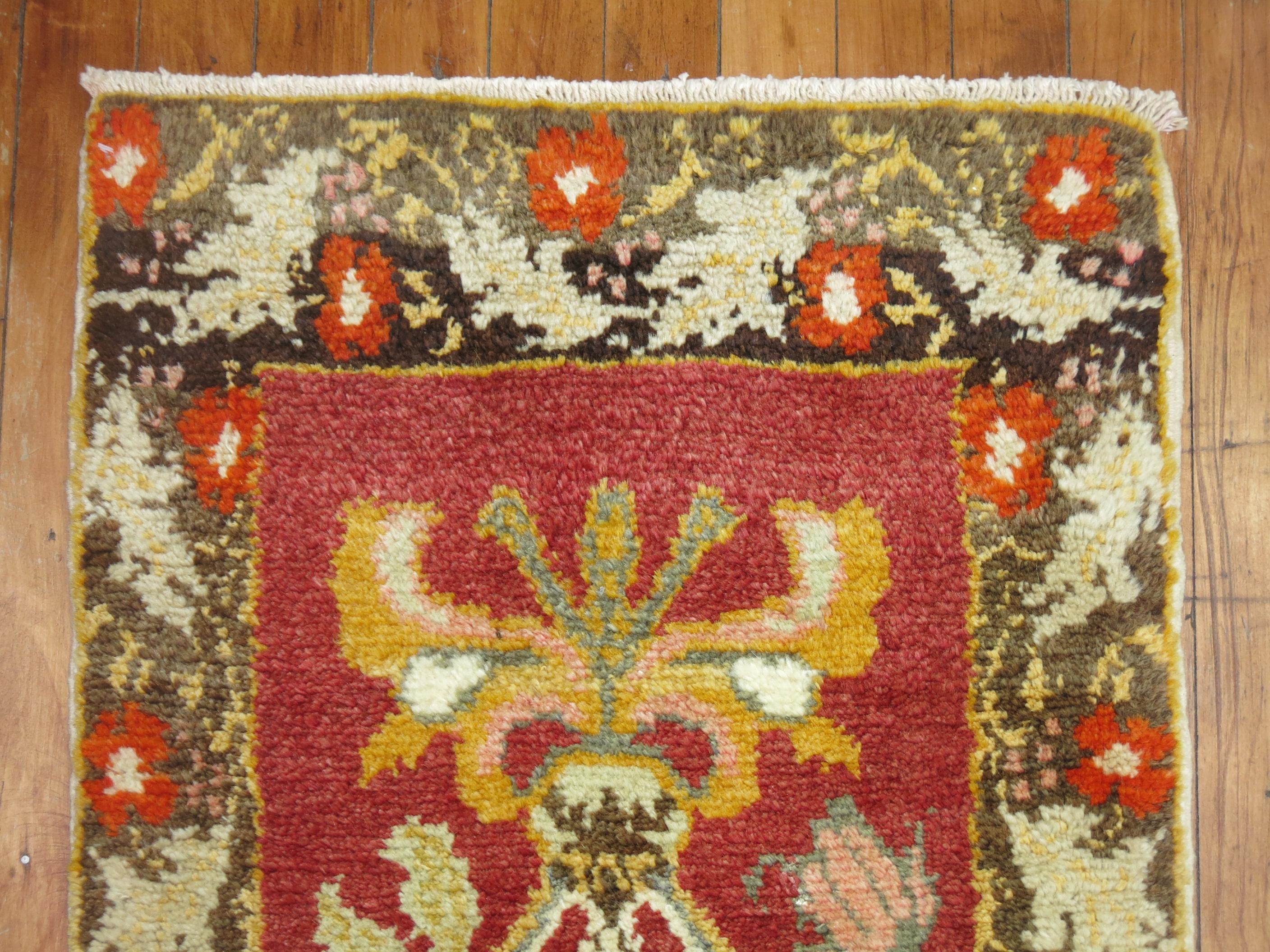 Romantic Narrow Floral Turkish Red Large Flower Turkish 20th Century Wool Runner For Sale