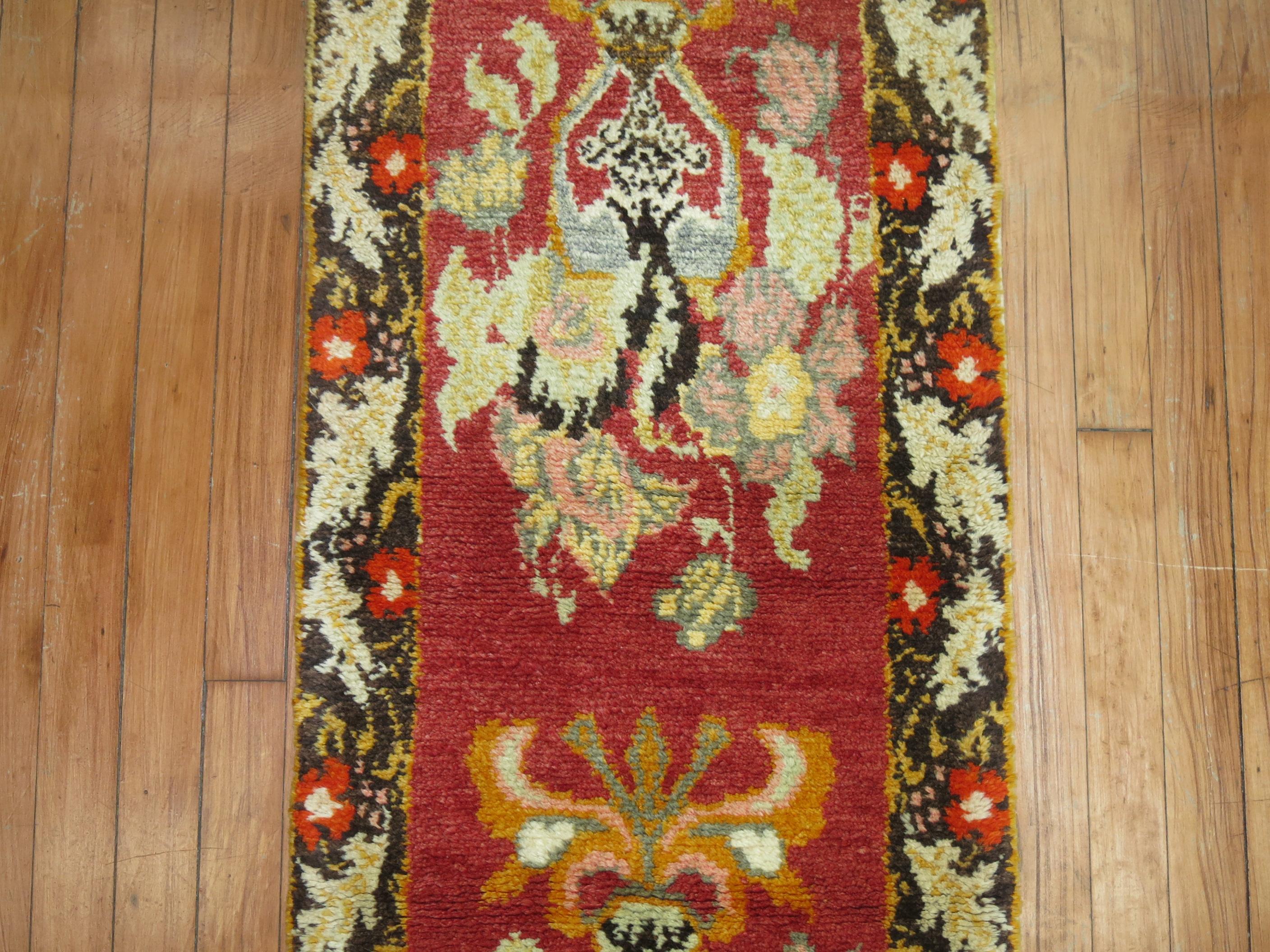 Hand-Knotted Narrow Floral Turkish Red Large Flower Turkish 20th Century Wool Runner For Sale