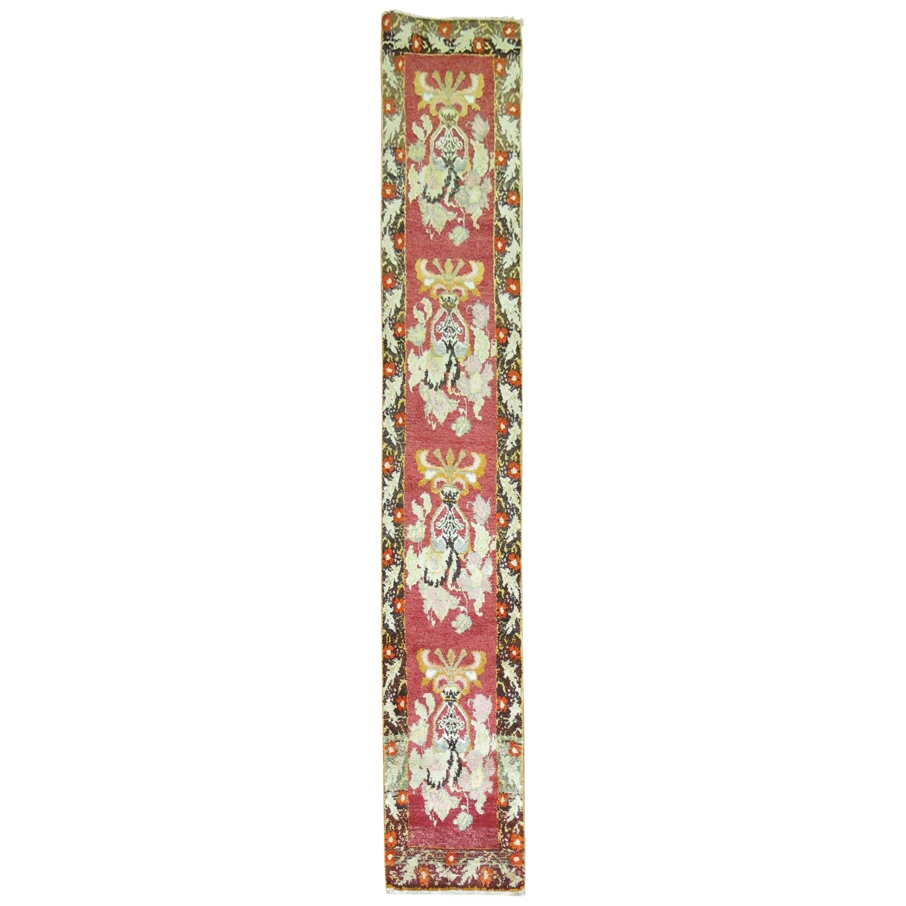 Narrow Floral Turkish Red Large Flower Turkish 20th Century Wool Runner For Sale