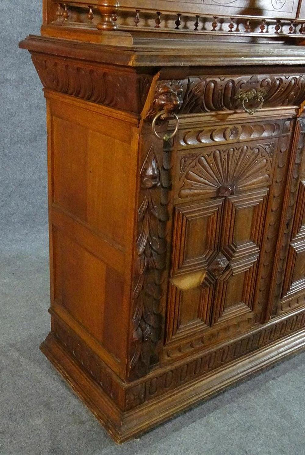Narrow French Brittany Lion Carved Oak Court Cupboard China Cabinet Vitrine 5