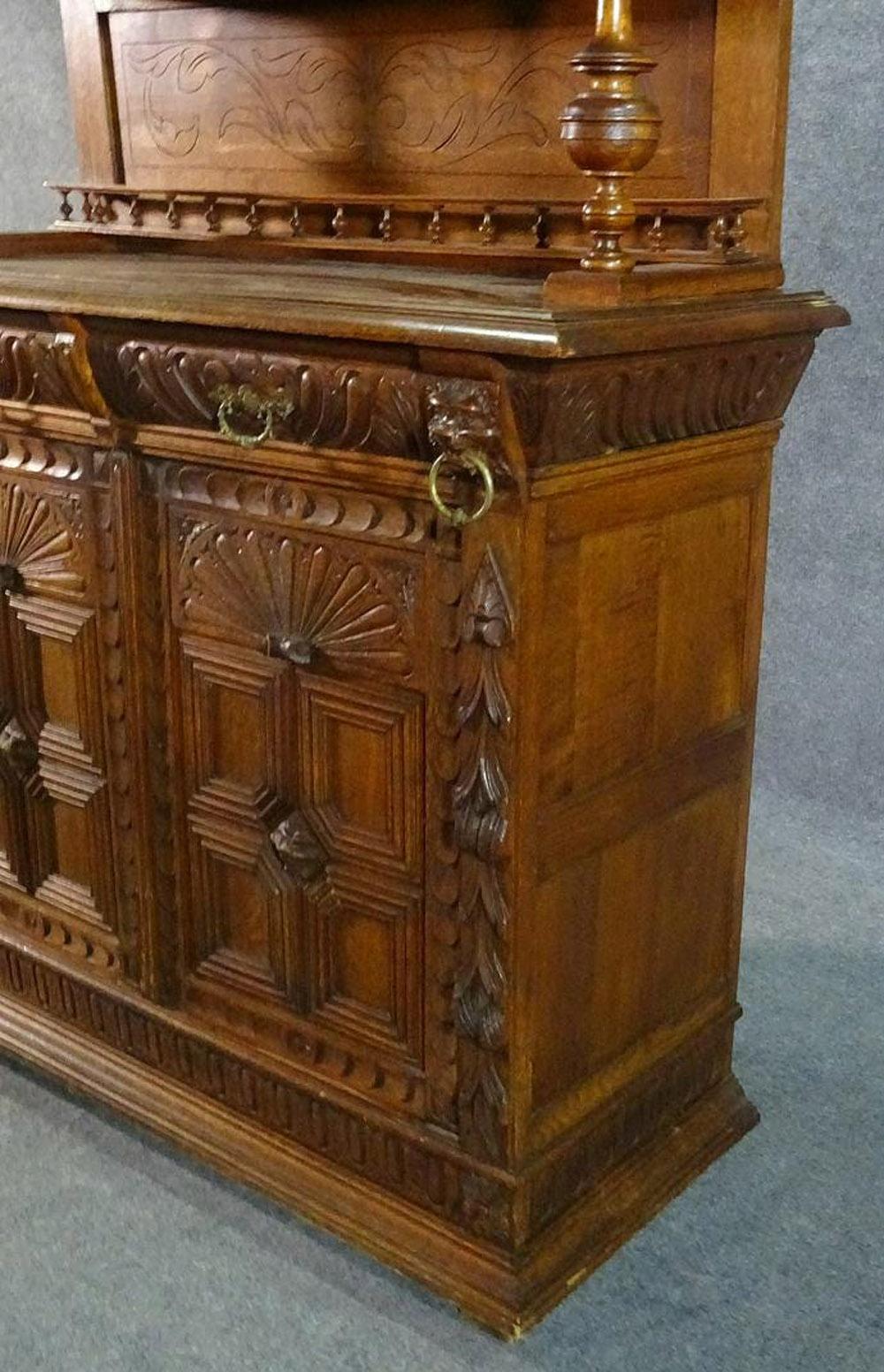Narrow French Brittany Lion Carved Oak Court Cupboard China Cabinet Vitrine For Sale 6