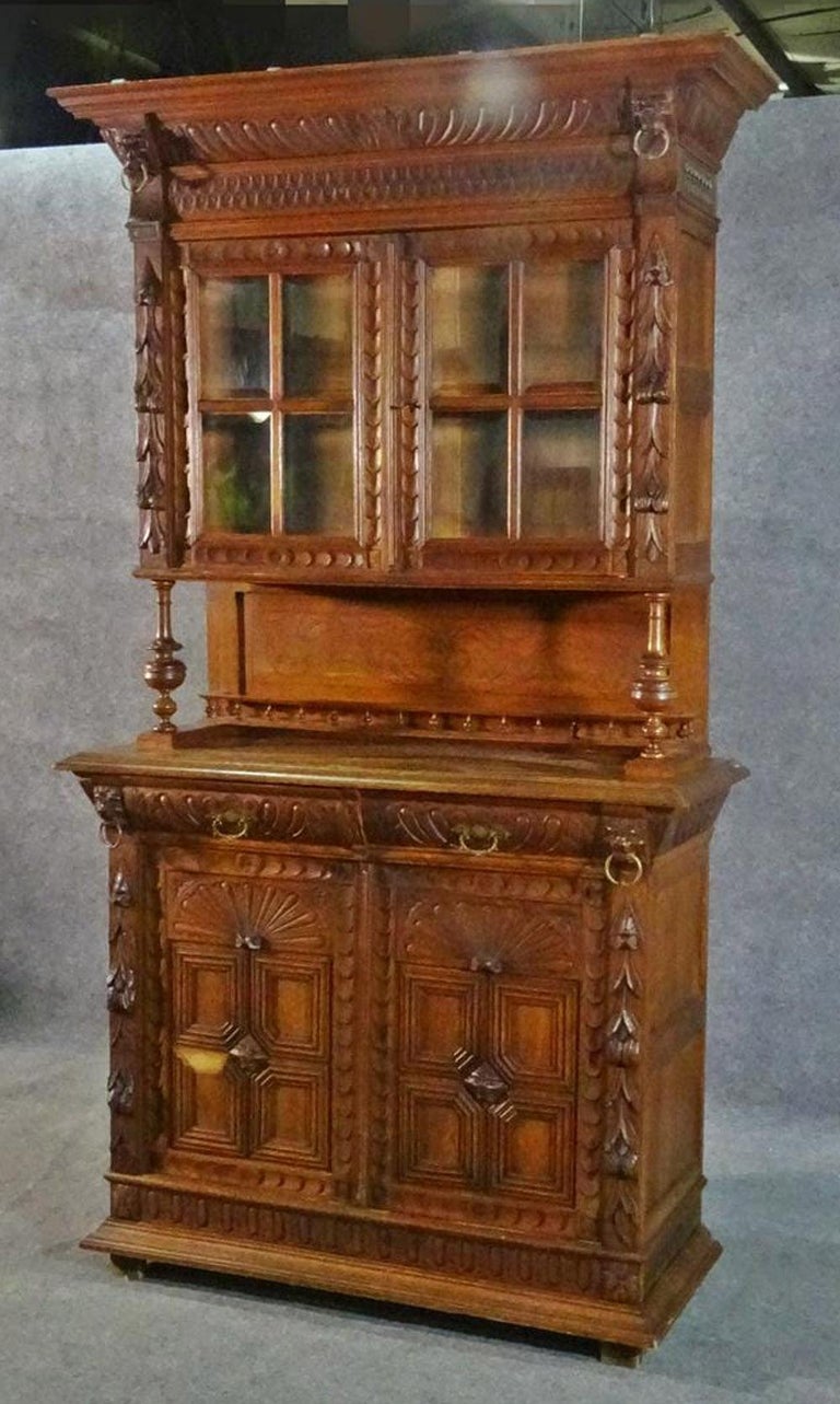 French Provincial Narrow French Brittany Lion Carved Oak Court Cupboard China Cabinet Vitrine For Sale