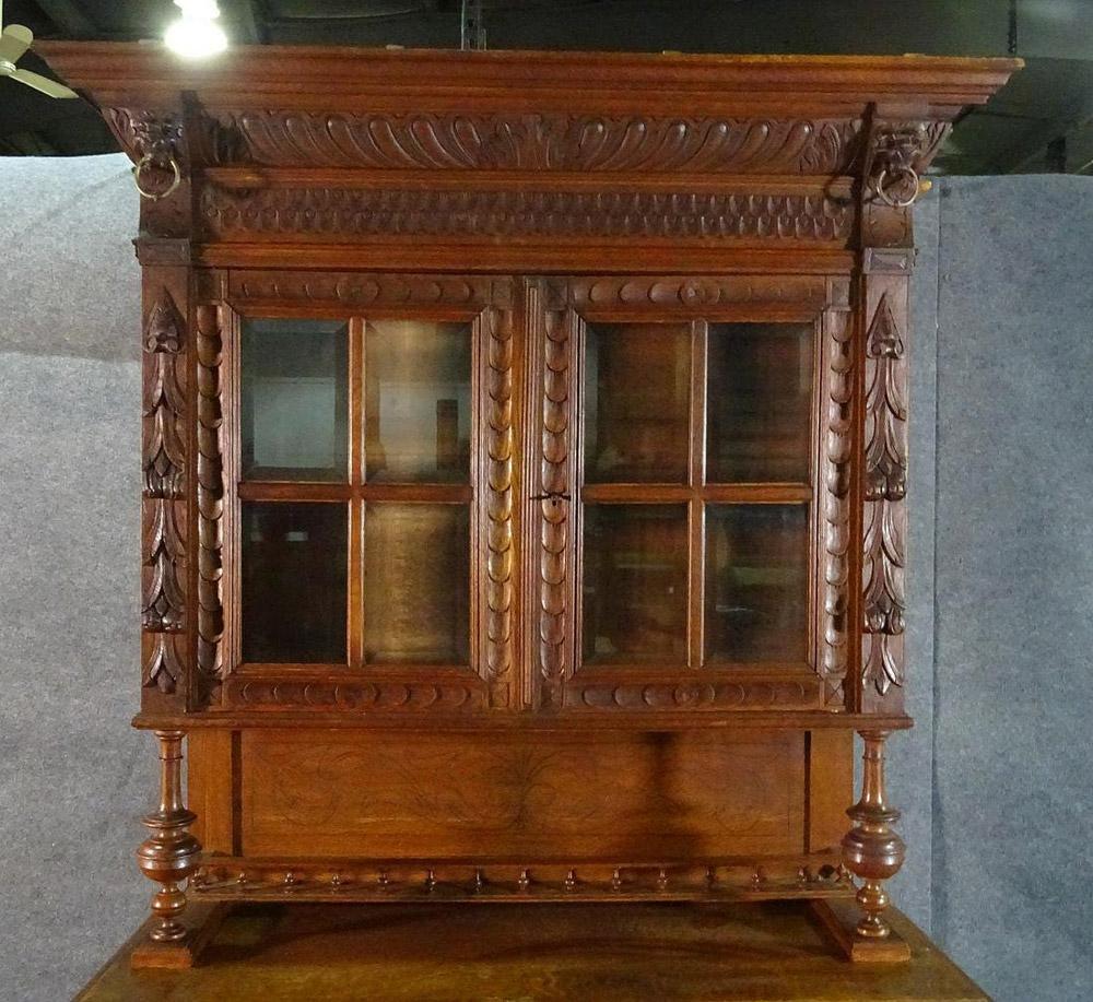 French Provincial Narrow French Brittany Lion Carved Oak Court Cupboard China Cabinet Vitrine For Sale