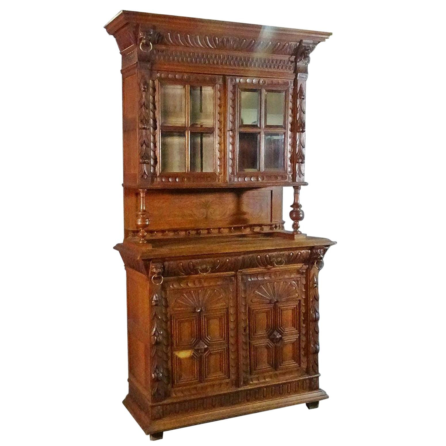 Narrow French Brittany Lion Carved Oak Court Cupboard China Cabinet Vitrine