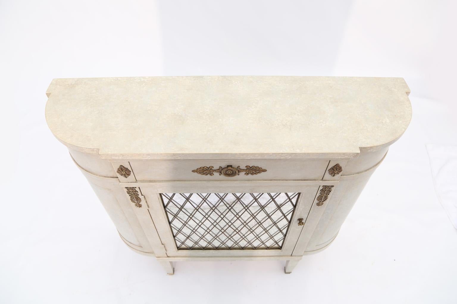 Painted Narrow Hall Chest with Grille-Front Mirrored Door