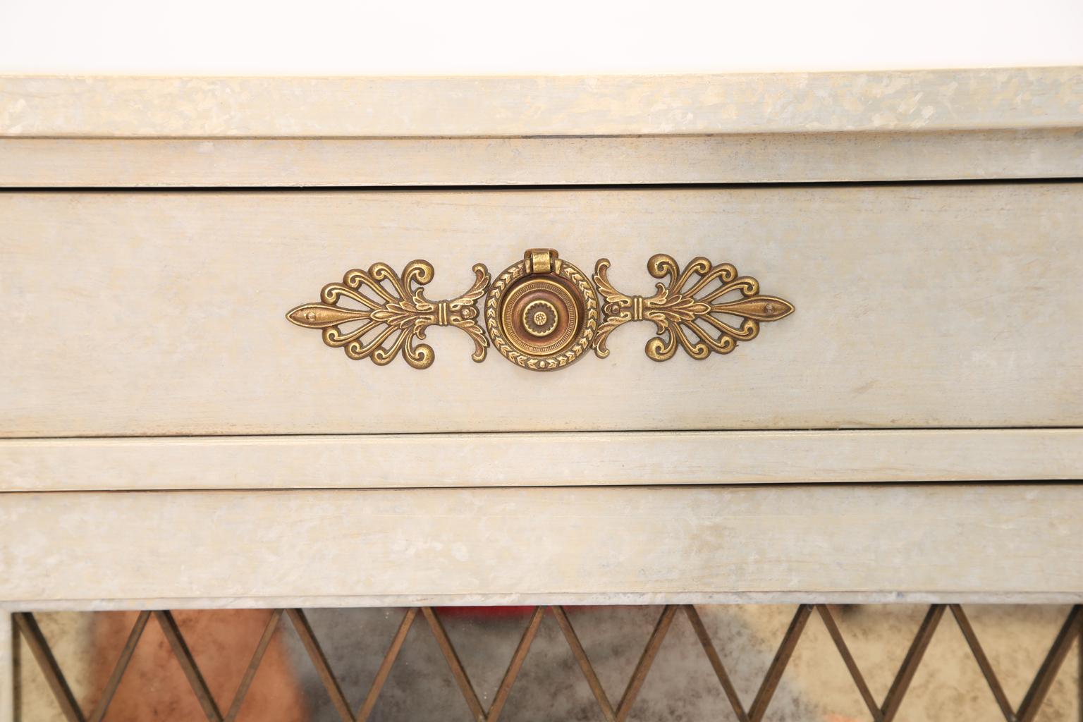 Brass Narrow Hall Chest with Grille-Front Mirrored Door