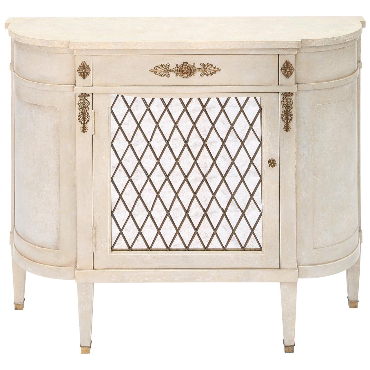 Narrow Hall Chest with Grille-Front Mirrored Door