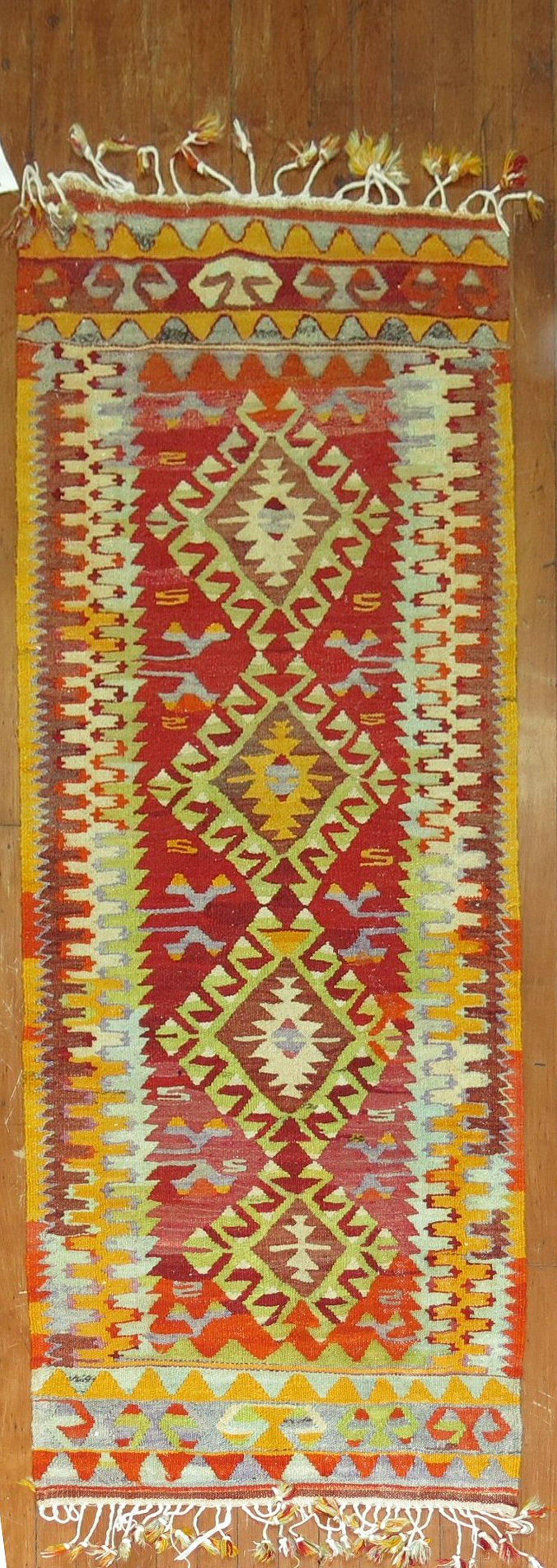 Asian Narrow Kilim Runner in Bright Red and Green