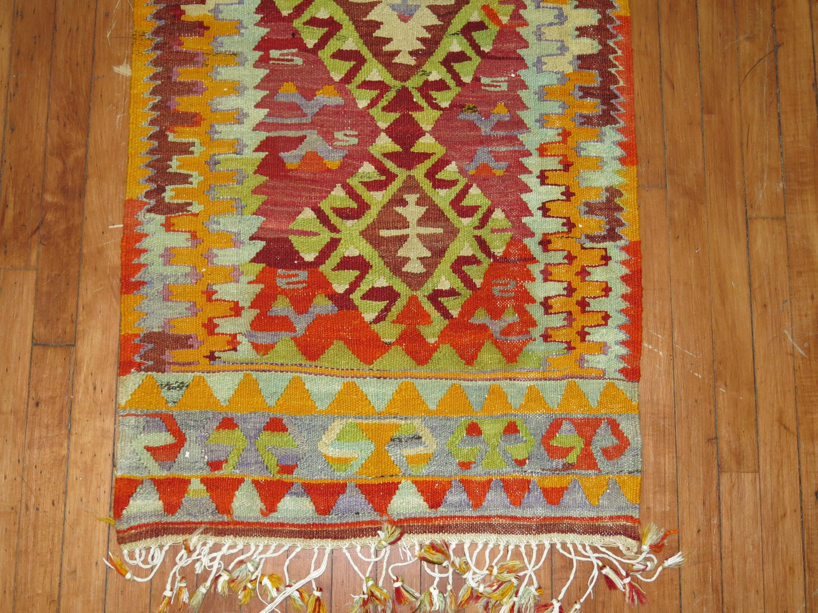 Hand-Knotted Narrow Kilim Runner in Bright Red and Green