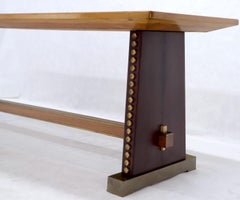 Narrow Long Boat Shape Walnut Dining Harvest Table Studs Leather Brass Decorated