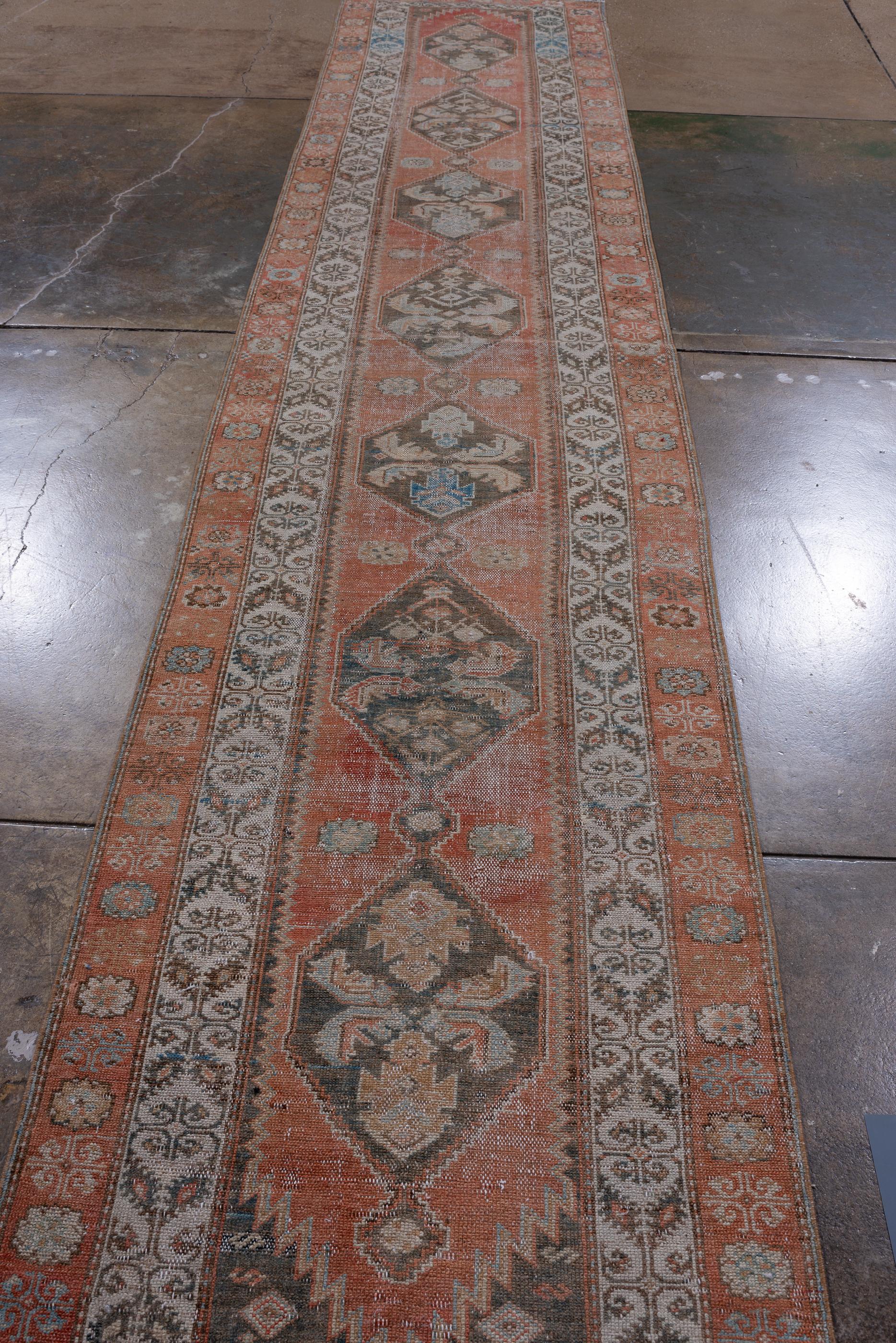 Hand-Knotted Narrow Malayer Runner with Rust Red Field For Sale