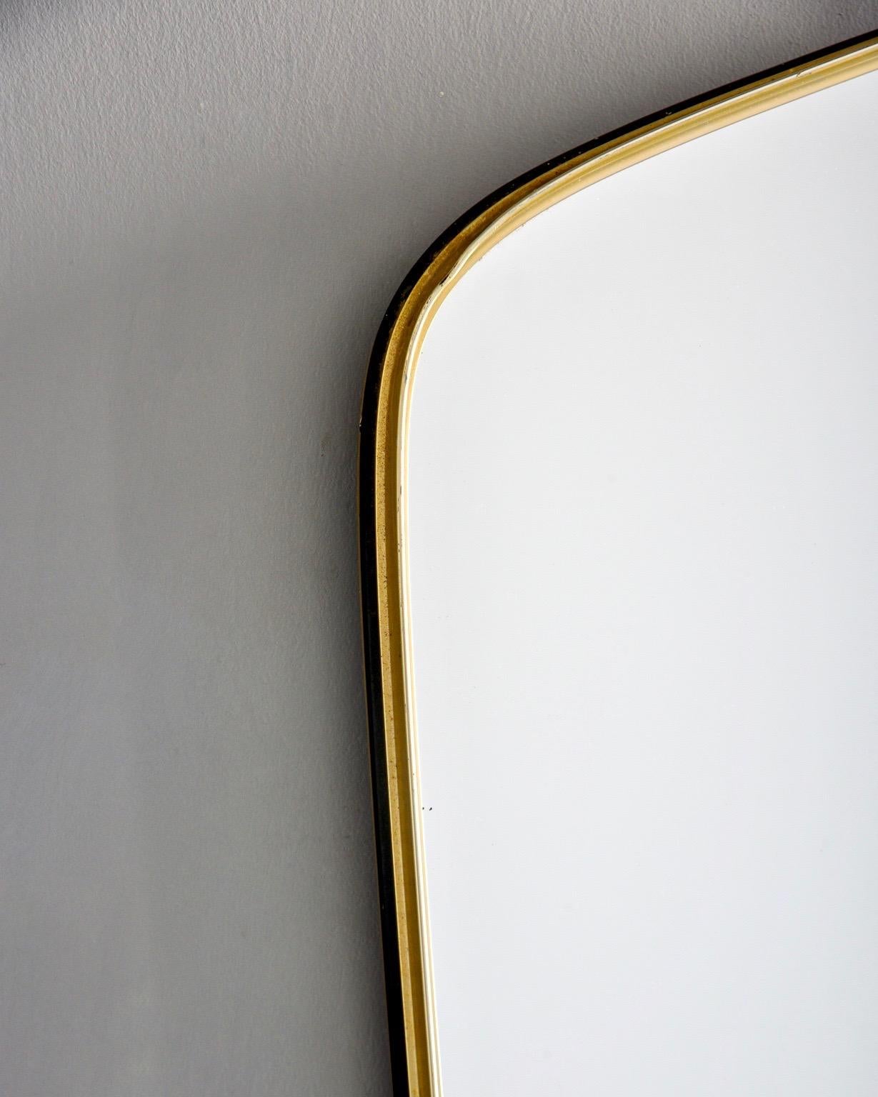 European Narrow Midcentury Gio Ponti Style Brass Framed Mirror