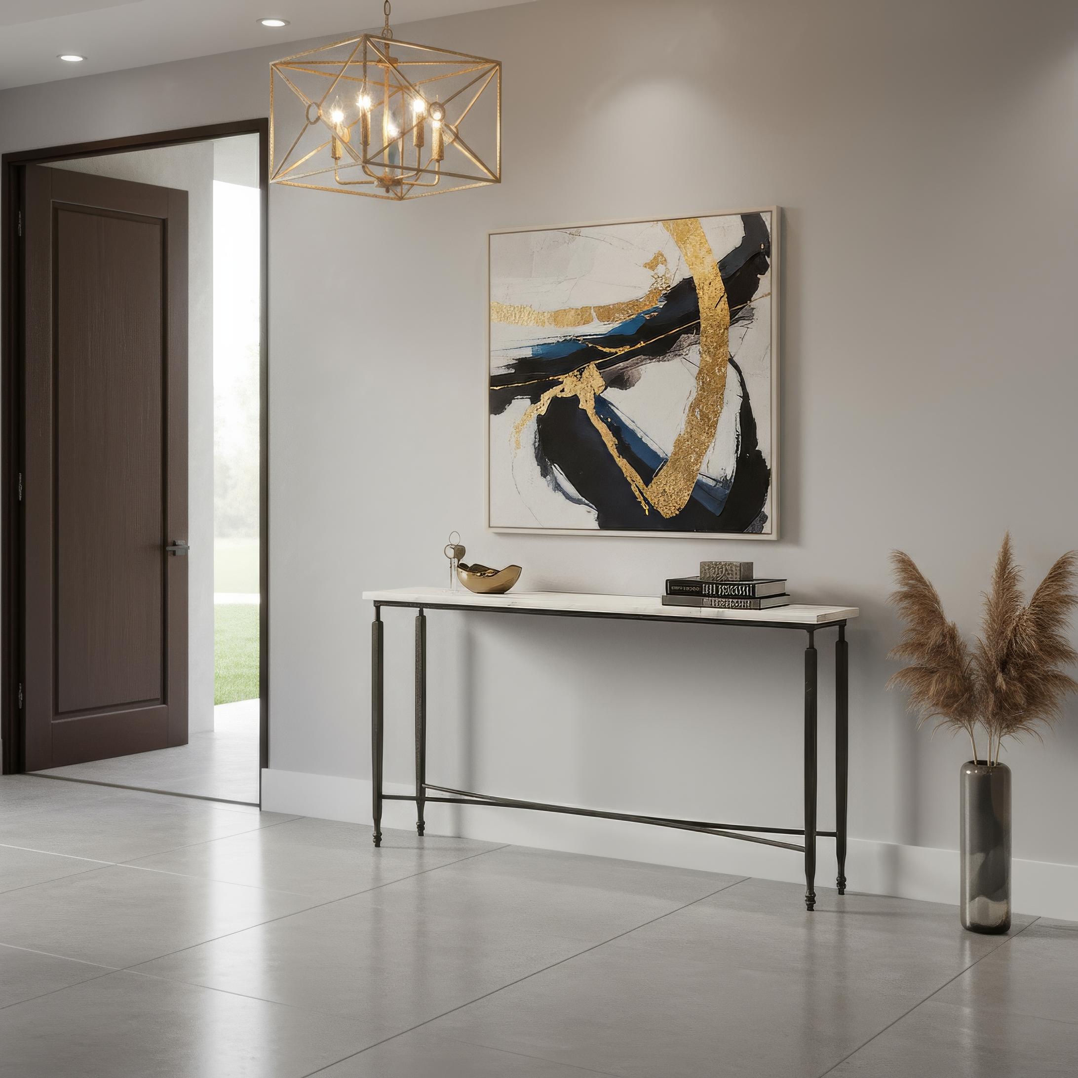Console Table offers sleek sophistication with timeless materials, making it a versatile addition to modern and transitional interiors. Its slender form is topped with a polished White Banswara marble surface, admired for its luminous finish and
