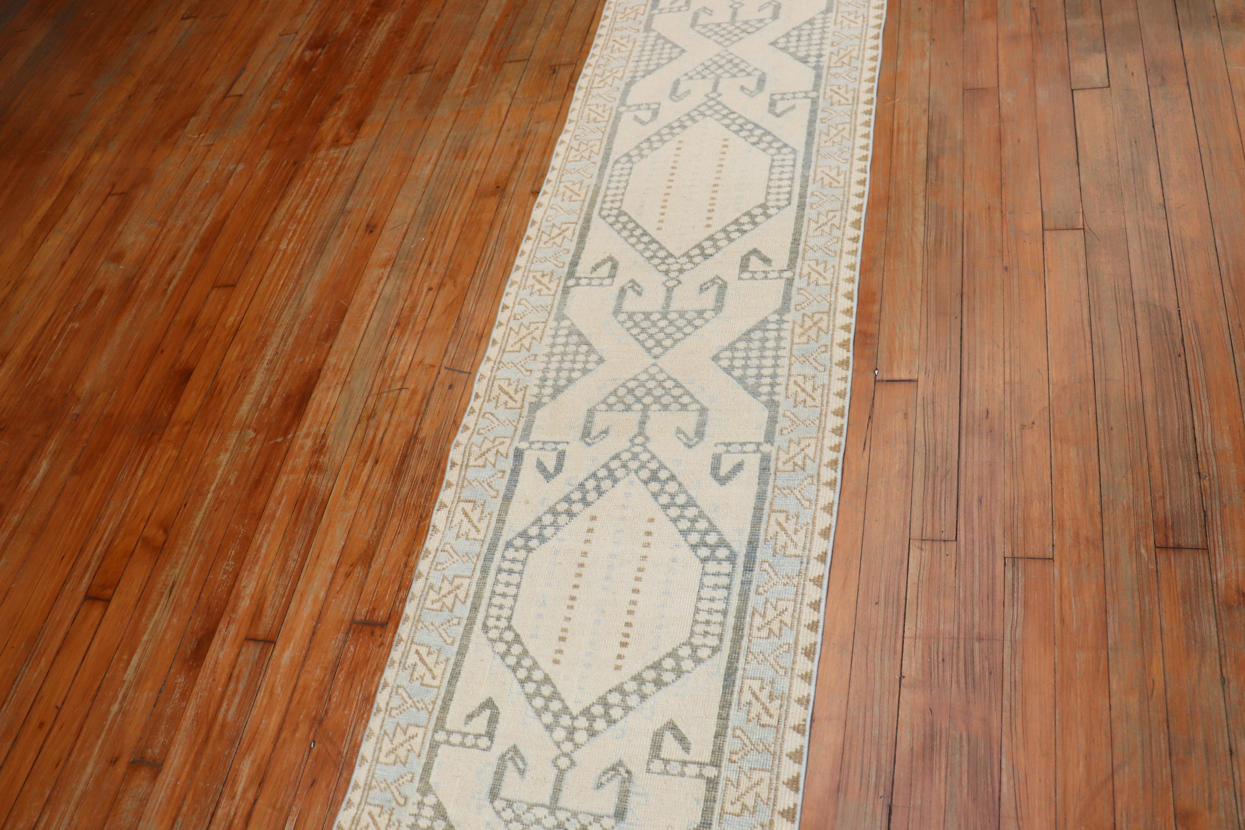 Very narrow one of a kind Persian Serab runner from the second quarter of the 20th century. Cream, light blue, gray, brown accents, circa 1940

Measures: 1'11