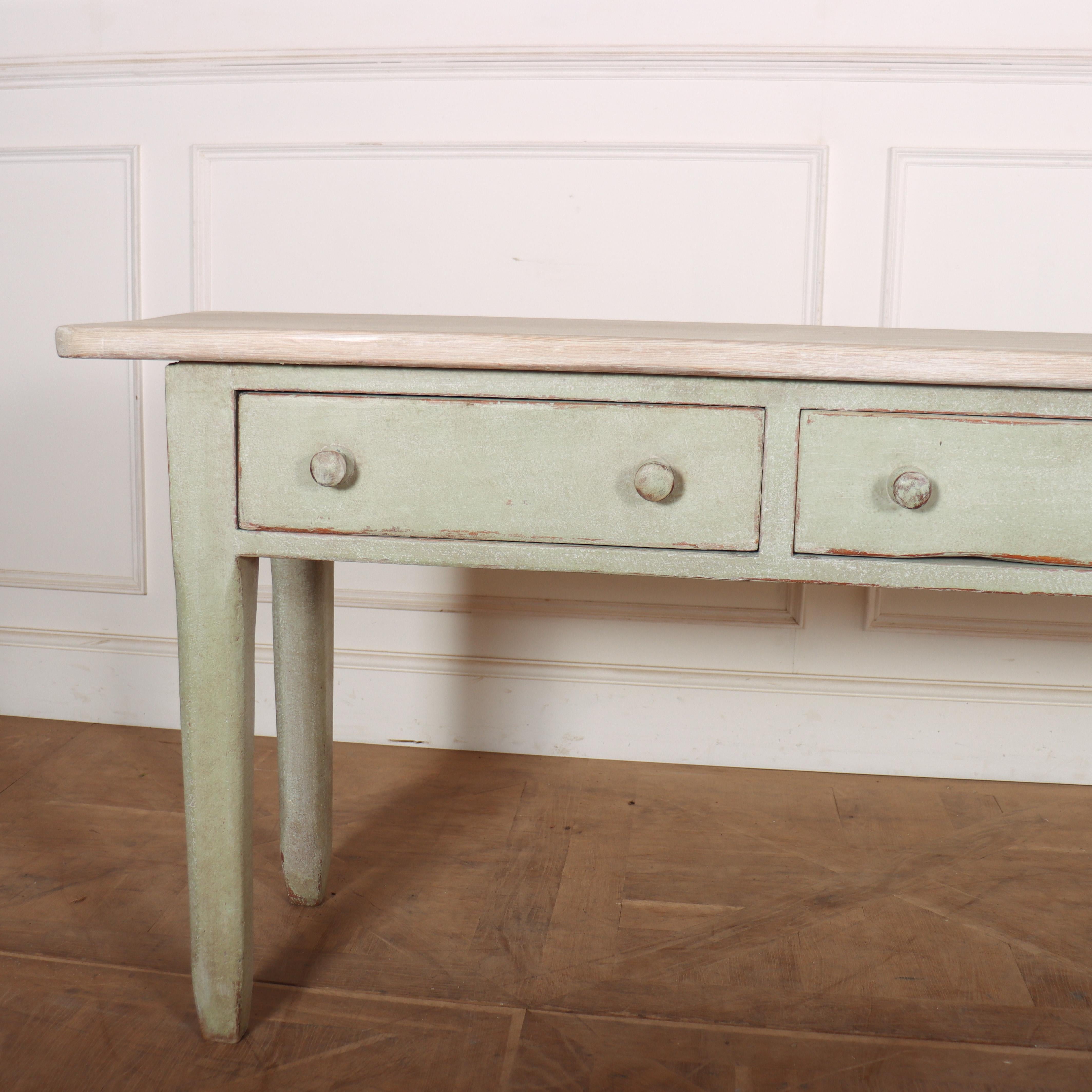 Narrow 19th C English painted pine 3 drawer console / serving table. 1880.

Reference: 8346

Dimensions
78 inches (198 cms) Wide
18 inches (46 cms) Deep
31 inches (79 cms) High