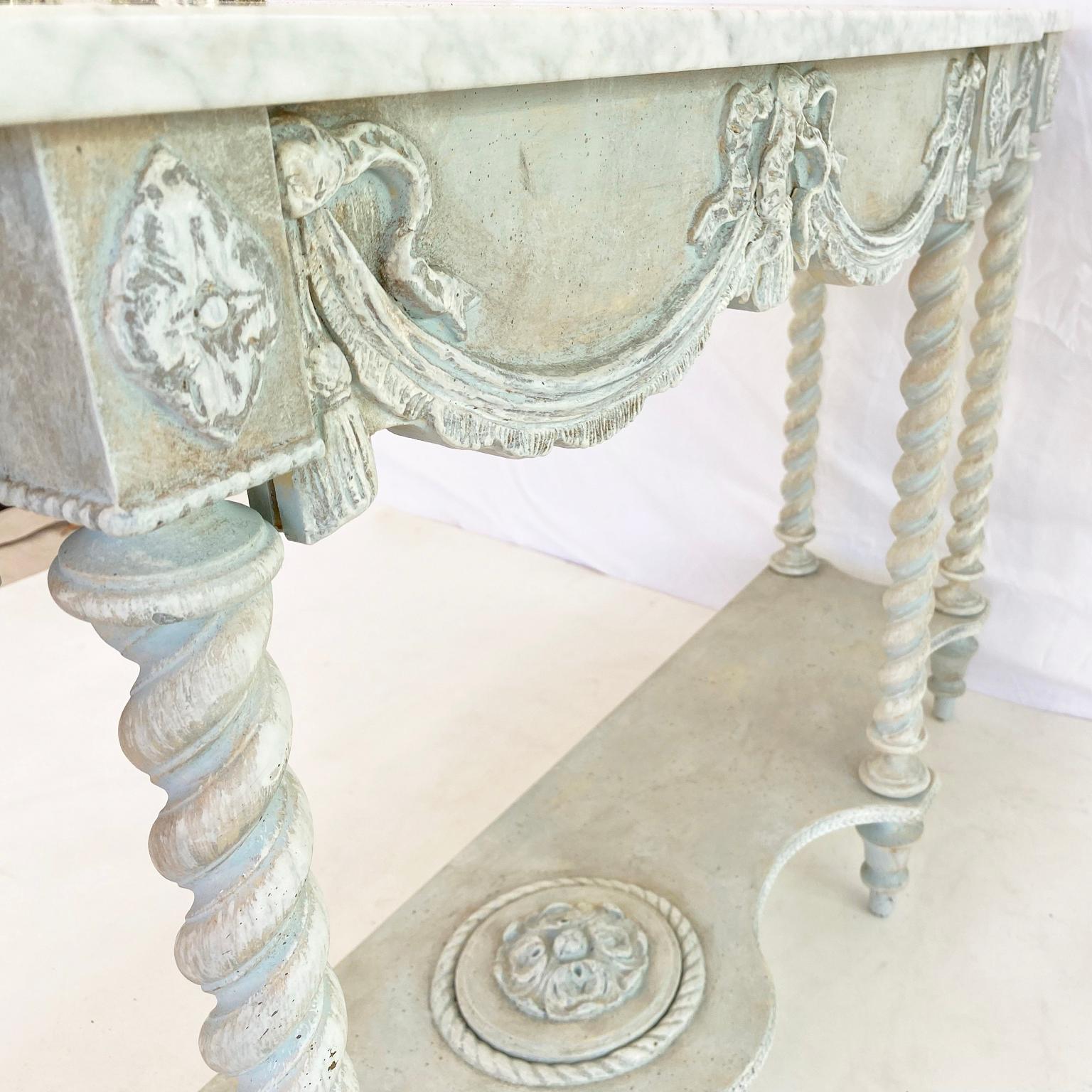 Narrow Painted Console with Carrara Marble Top In Good Condition In West Palm Beach, FL