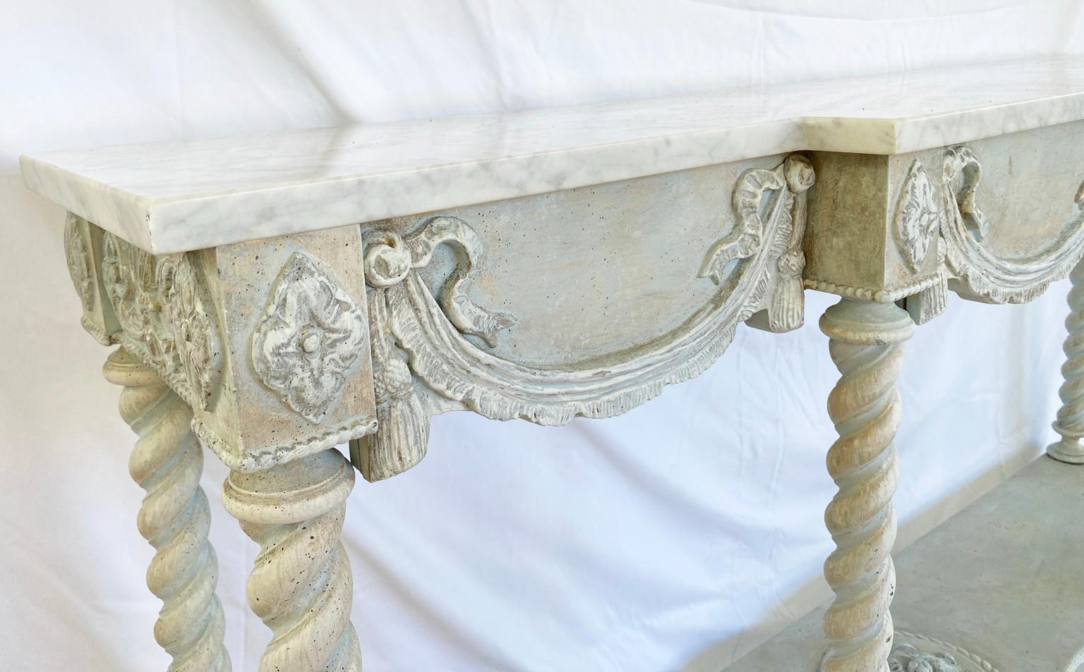 20th Century Narrow Painted Console with Carrara Marble Top