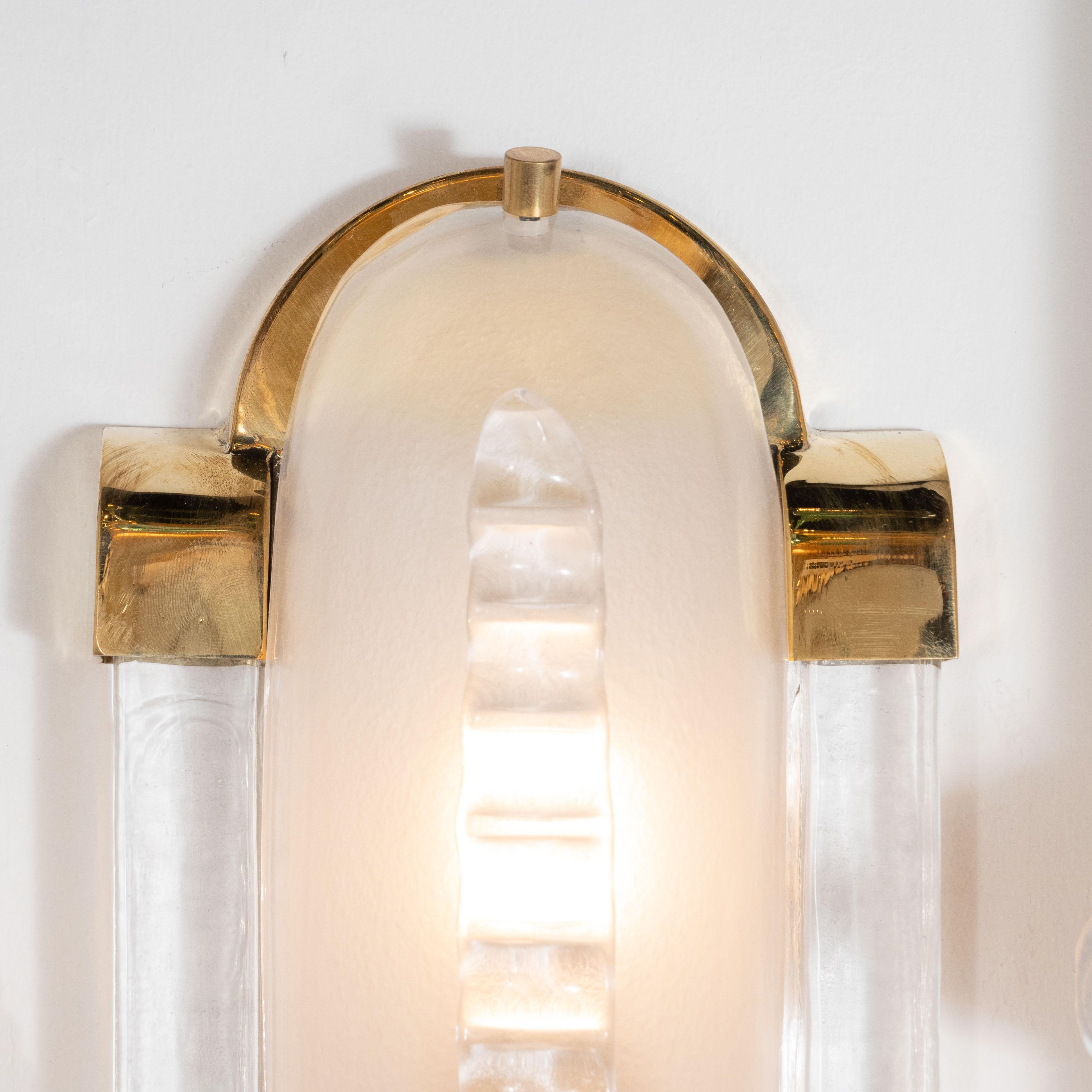 Pair of Translucent White Murano Glass and Brass Sconces, Italy 3