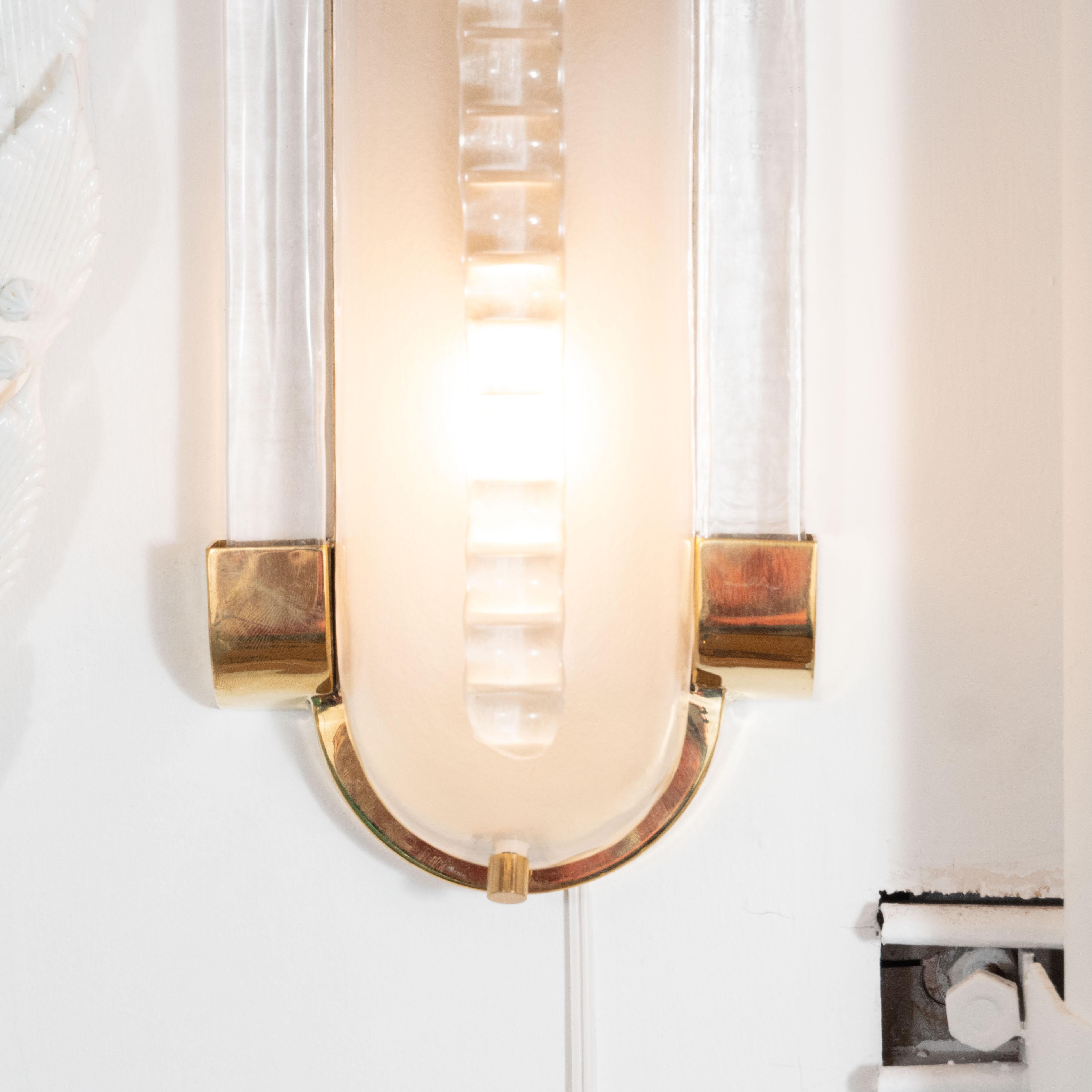 Italian Pair of Translucent White Murano Glass and Brass Sconces, Italy