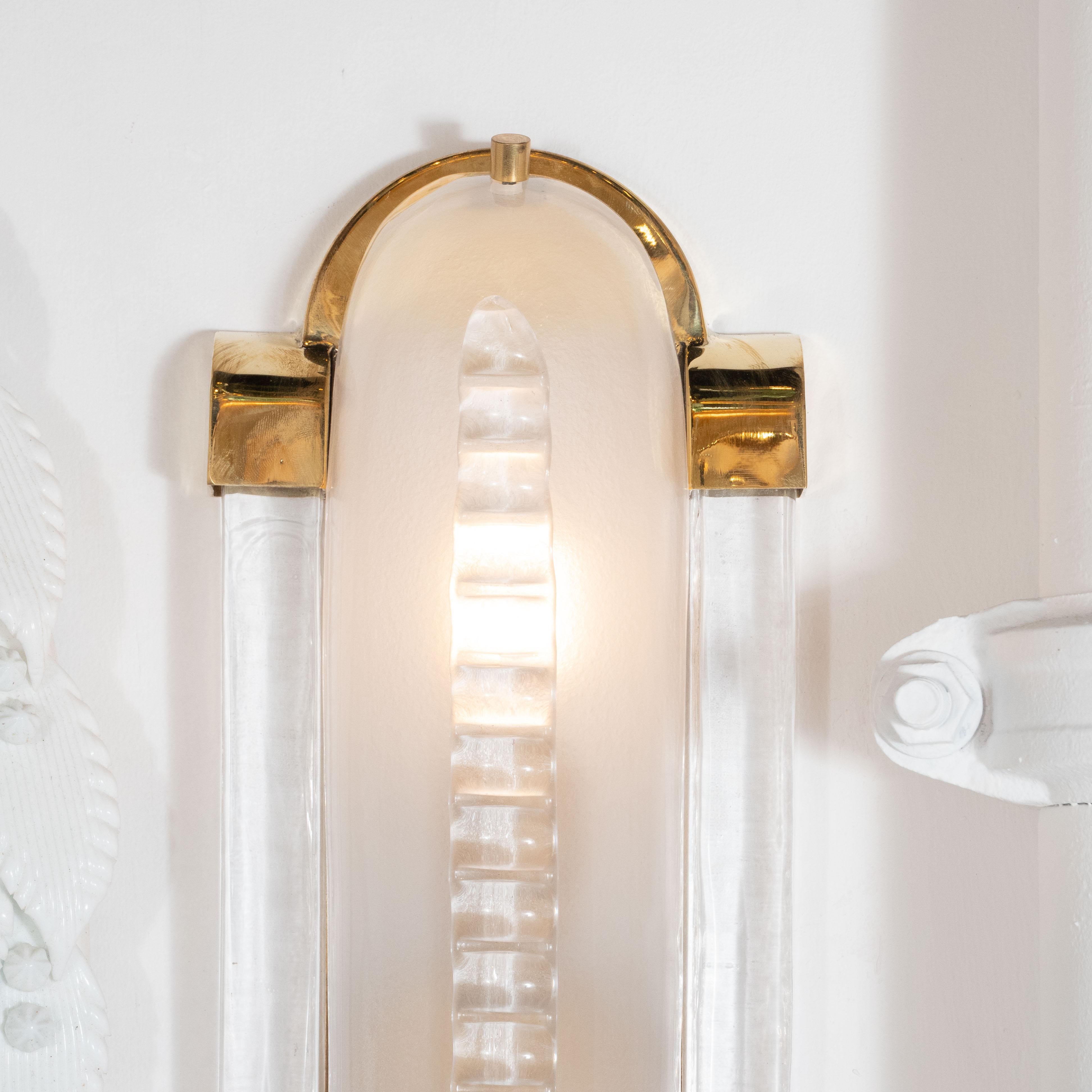 Pair of Translucent White Murano Glass and Brass Sconces, Italy In New Condition In New York, NY