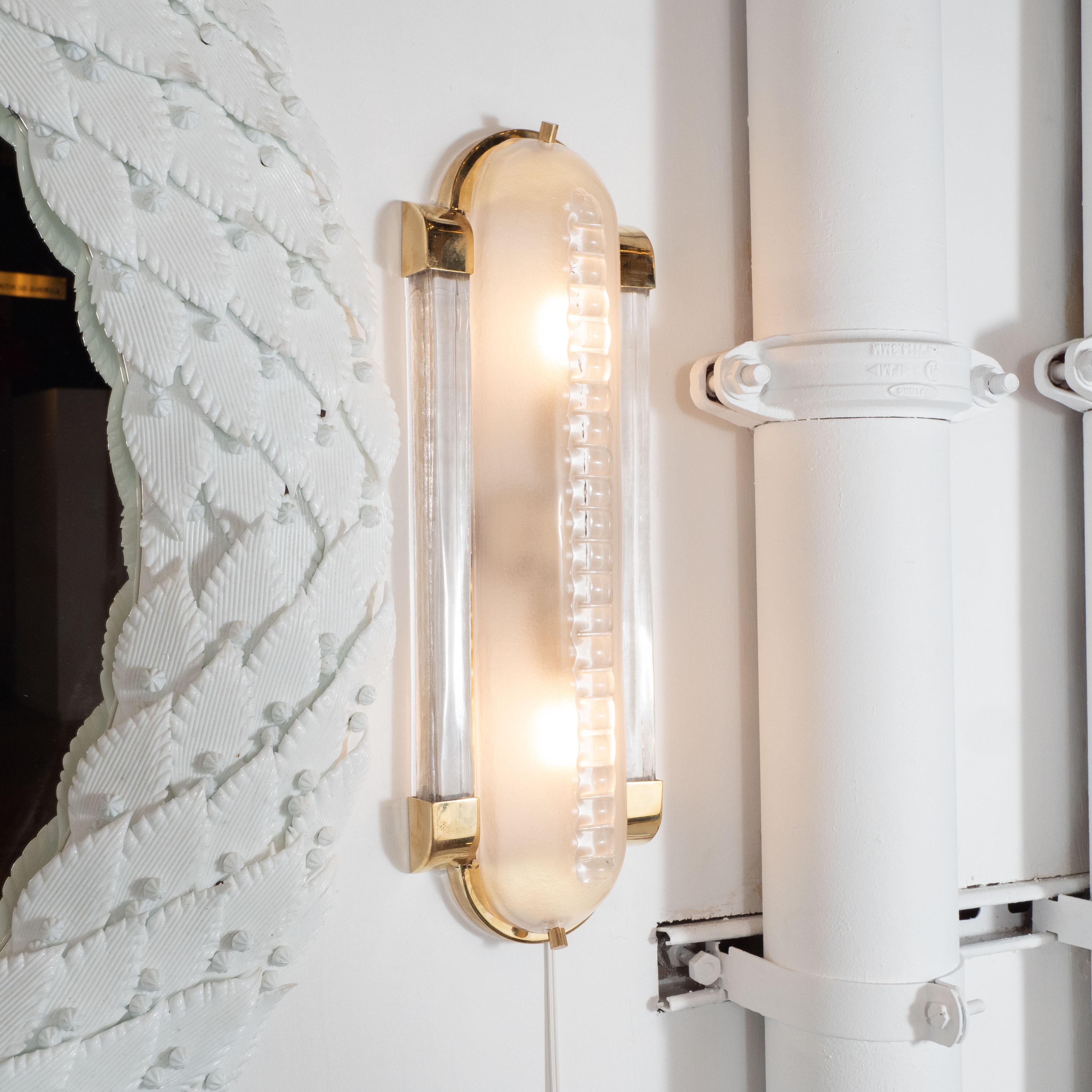 Contemporary Pair of Translucent White Murano Glass and Brass Sconces, Italy