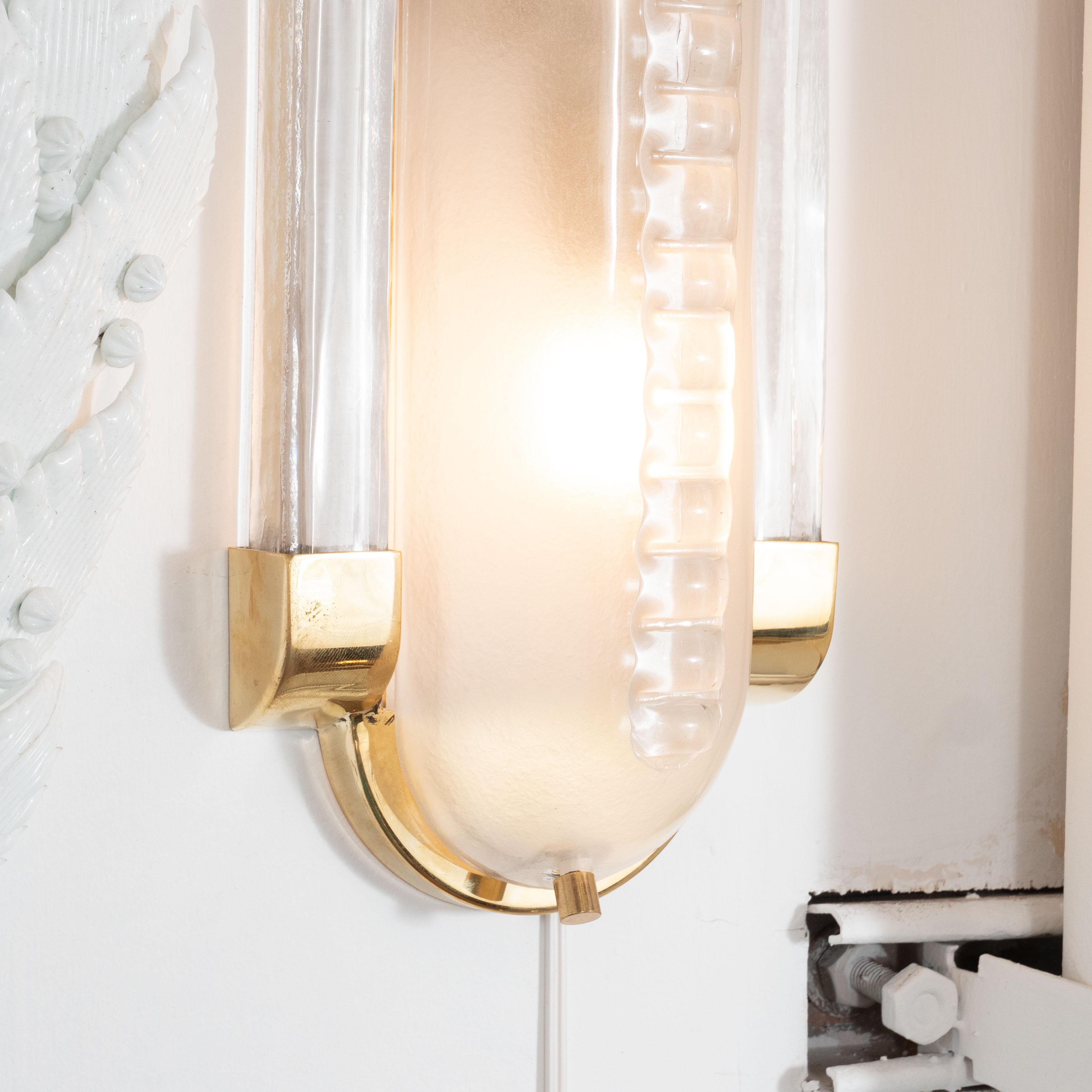 Pair of Translucent White Murano Glass and Brass Sconces, Italy 2