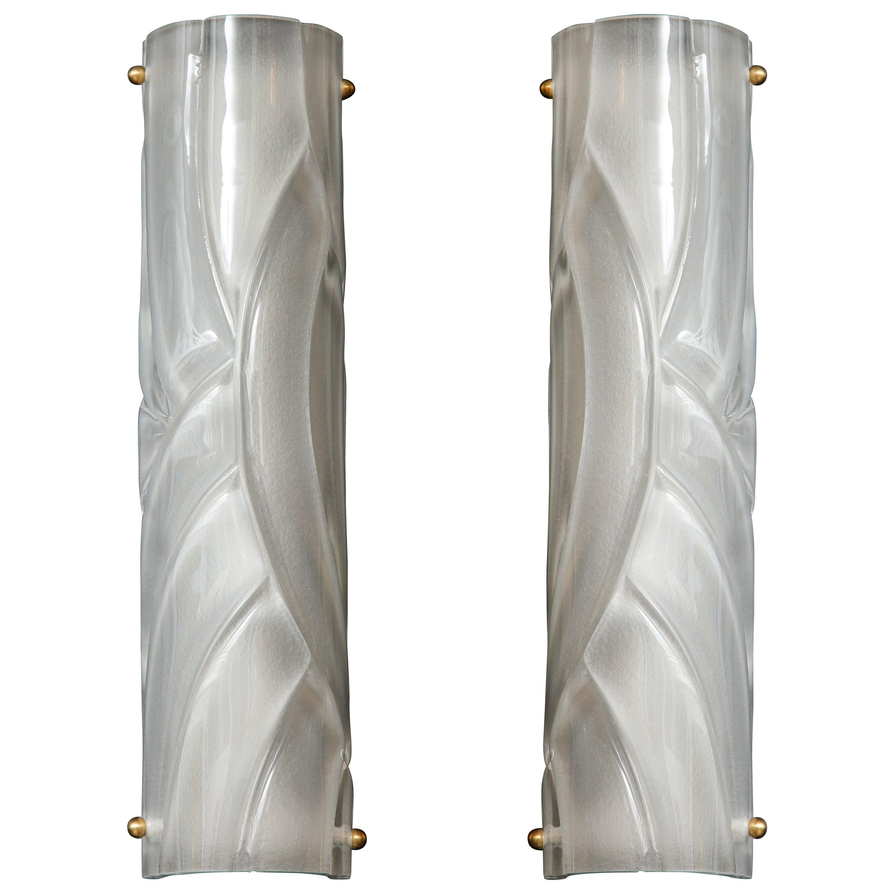 Contemporary Slender Pair of Translucent White Textured Murano Glass and Brass Sconces, Italy