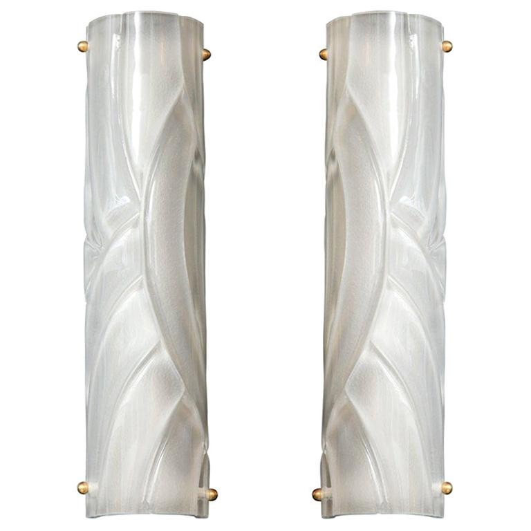 Slender Pair of Translucent White Textured Murano Glass and Brass Sconces, Italy