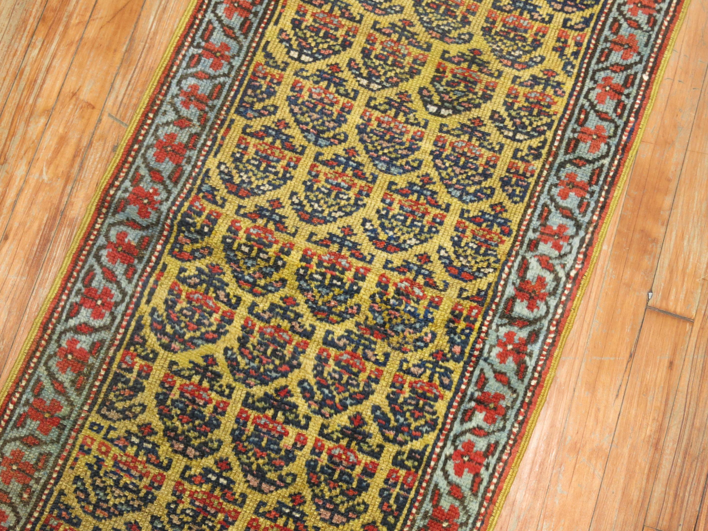 Hand-Woven Narrow Paisley Yellow Antique Runner For Sale