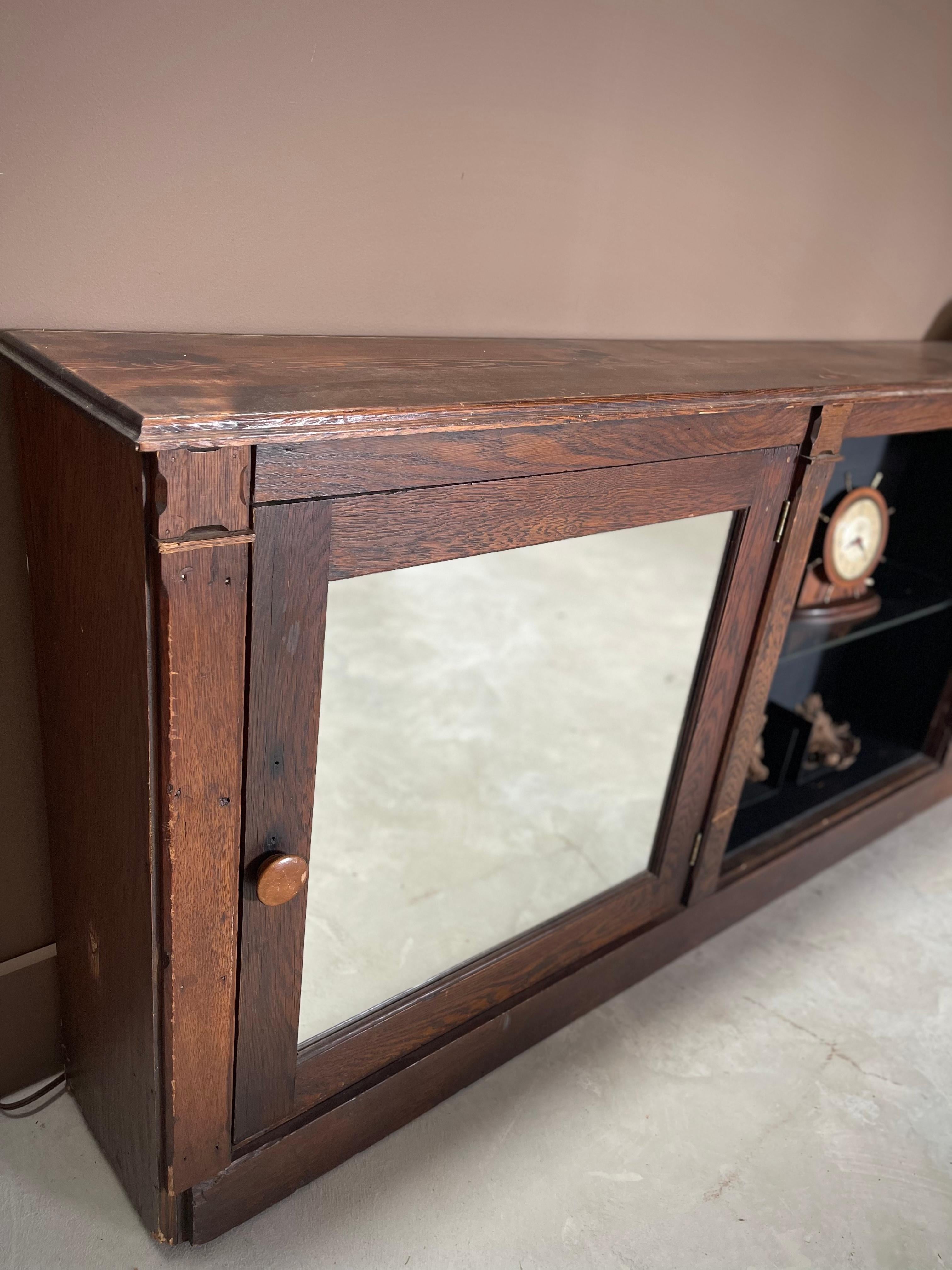 Narrow Primitive Double Mirrored Door Console or Hanging Cabinet/ Shallow / Long In Good Condition For Sale In Mckinney, TX