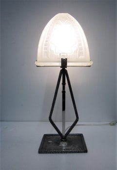 Narrow, Rectangular French Modernist Table Lamp, Hammered Iron and Art Glass