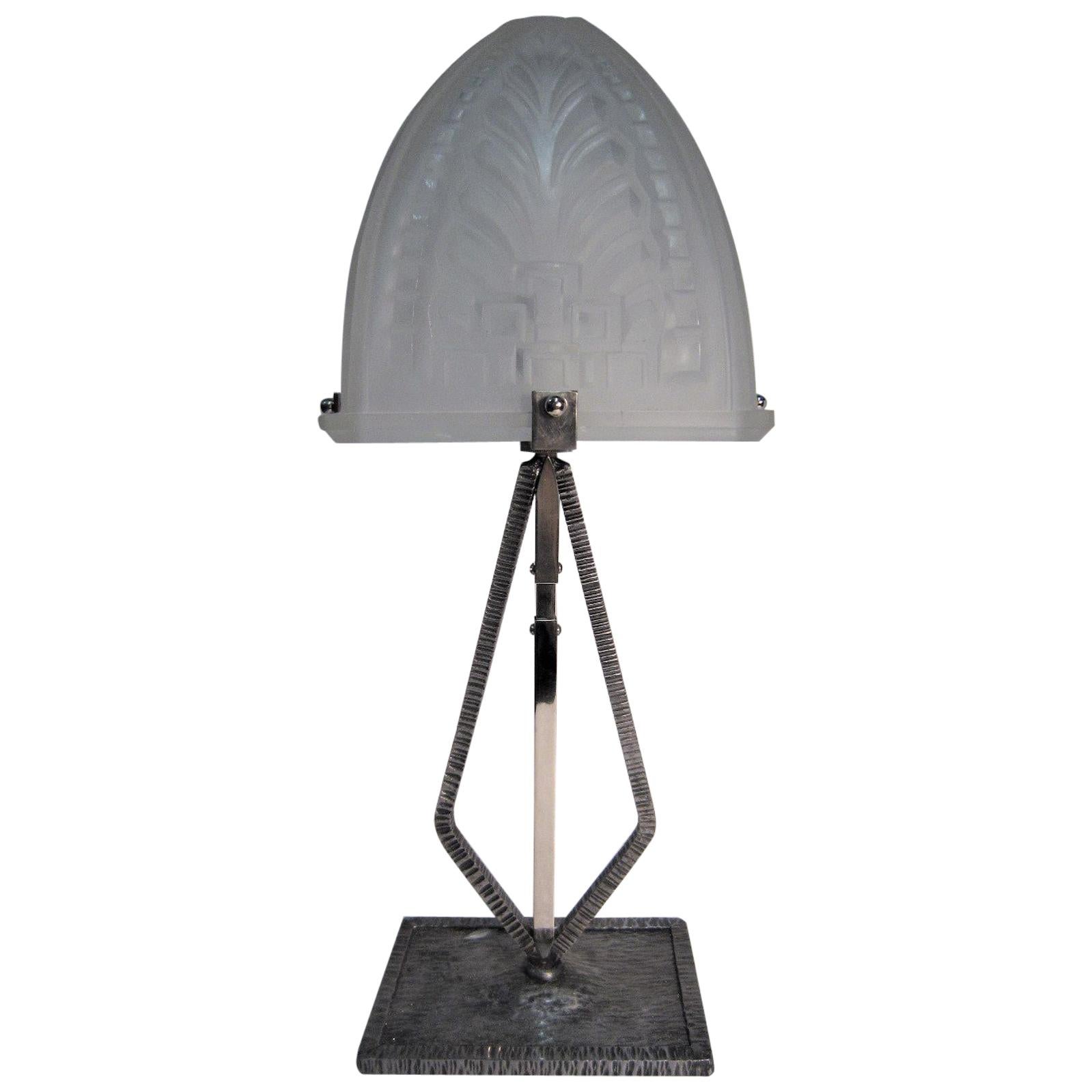 Narrow, Rectangular French Modernist Table Lamp, Hammered Iron and Art Glass For Sale