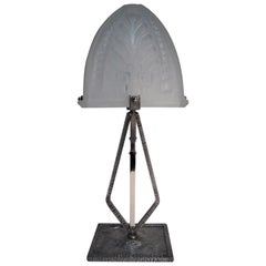 Vintage Narrow, Rectangular French Modernist Table Lamp, Hammered Iron and Art Glass