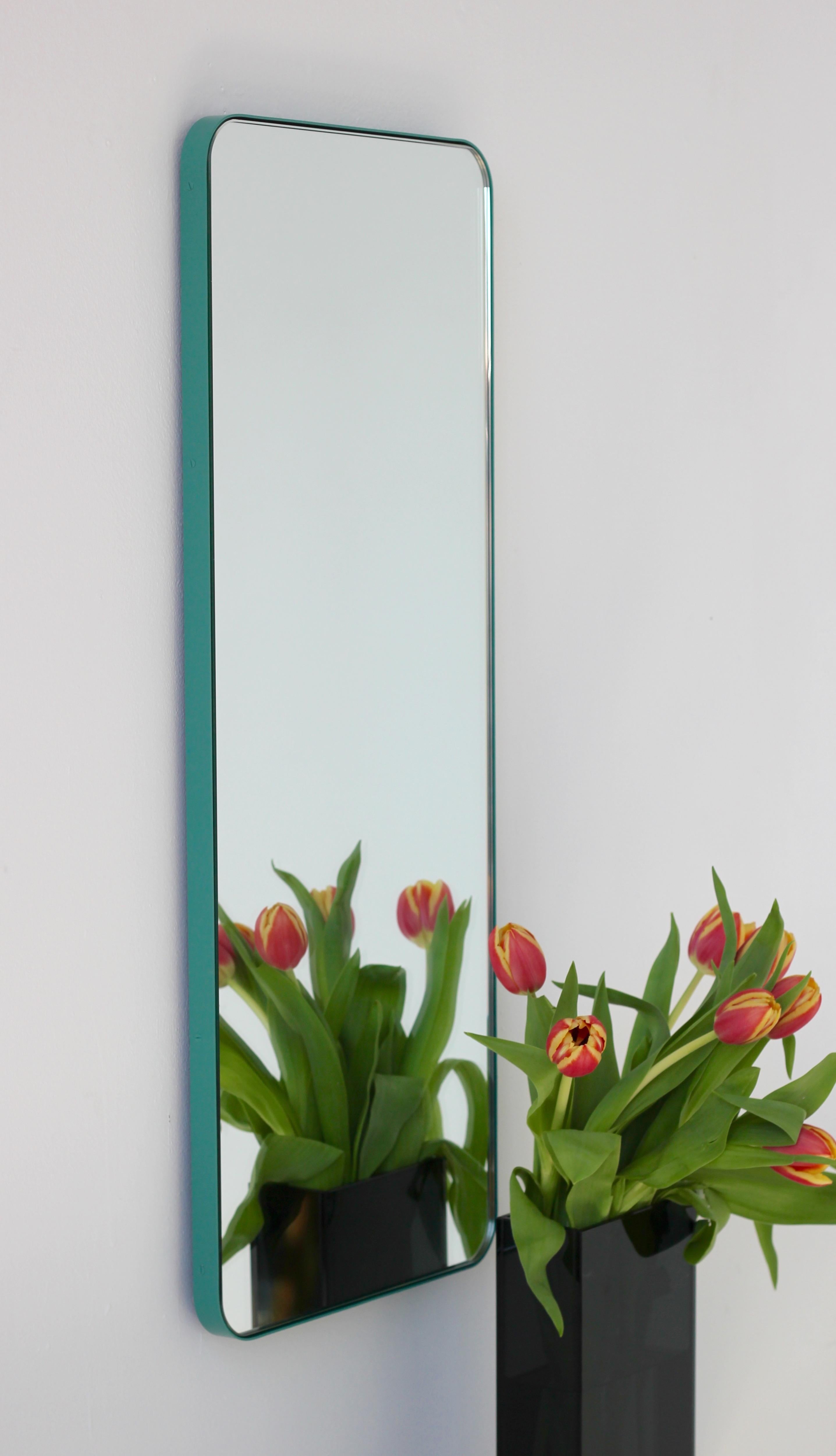 British Quadris Rectangular Modern Wall Mirror with a Mint Turquoise Frame, Small For Sale