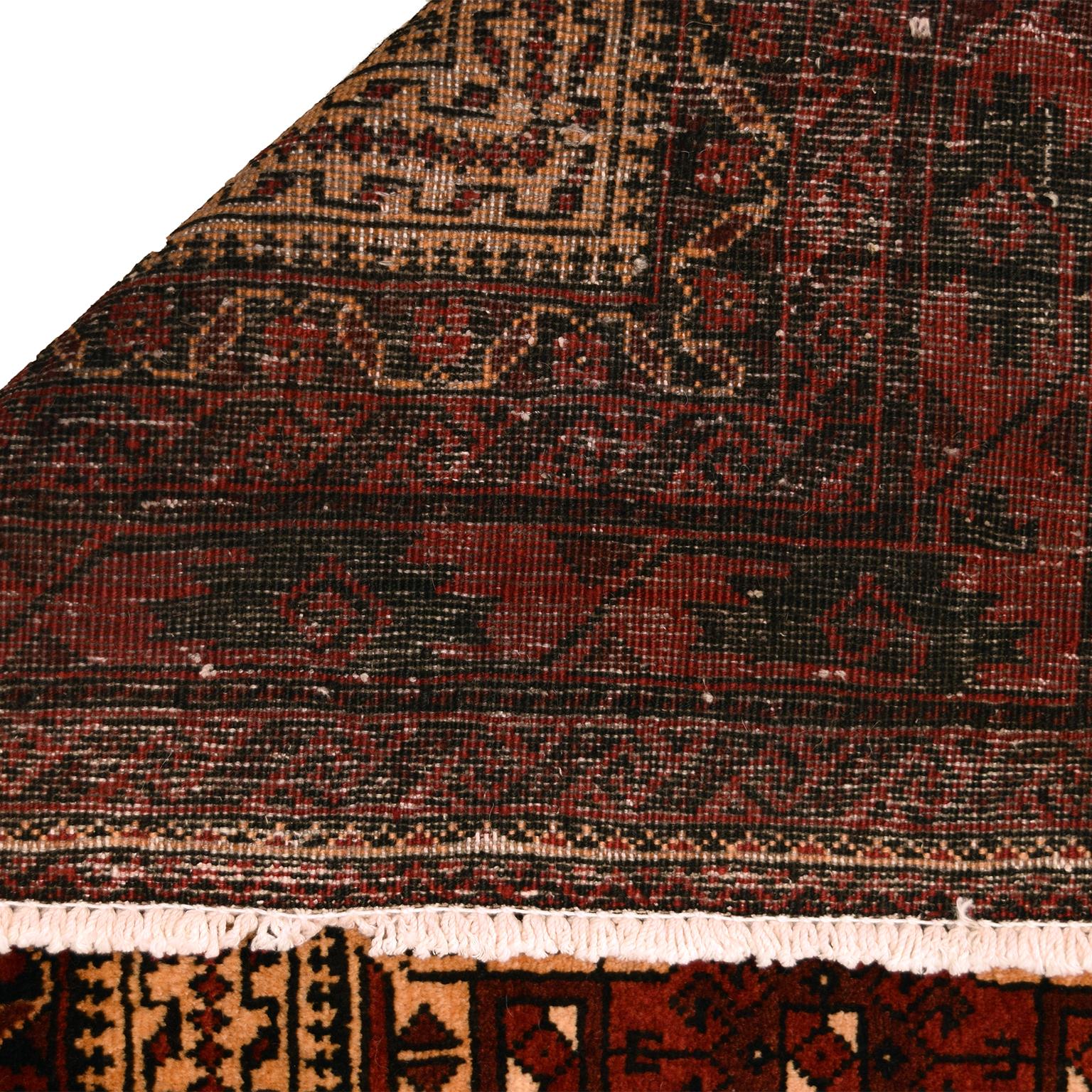 Hand-Knotted Antique Wool Persian Balouchi Rug, Circa 1910, Red and Gold, 3’ x 7’ For Sale