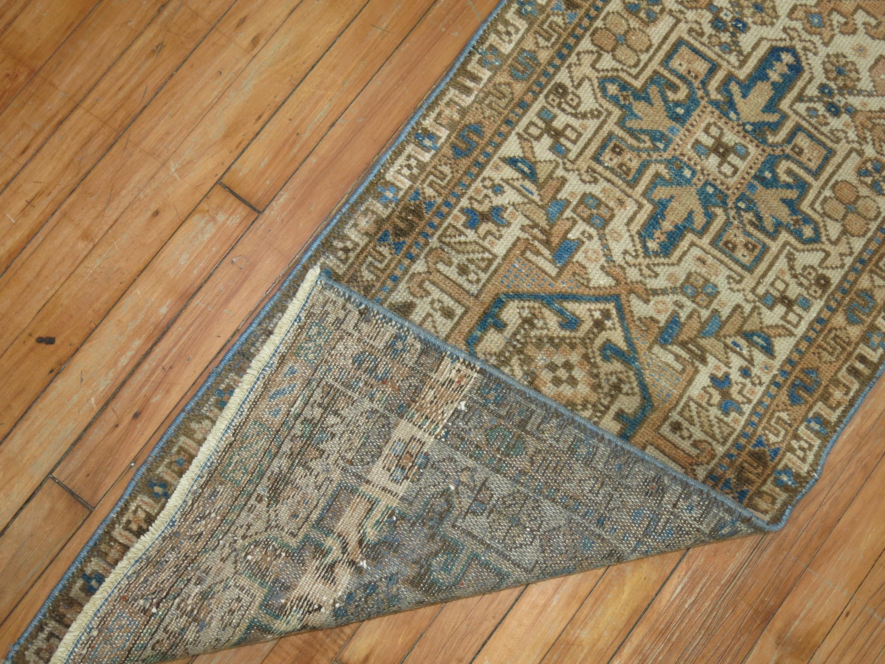 20th Century Narrow Rustic Persian Heriz Runner Ivory Brown Blue Tones For Sale