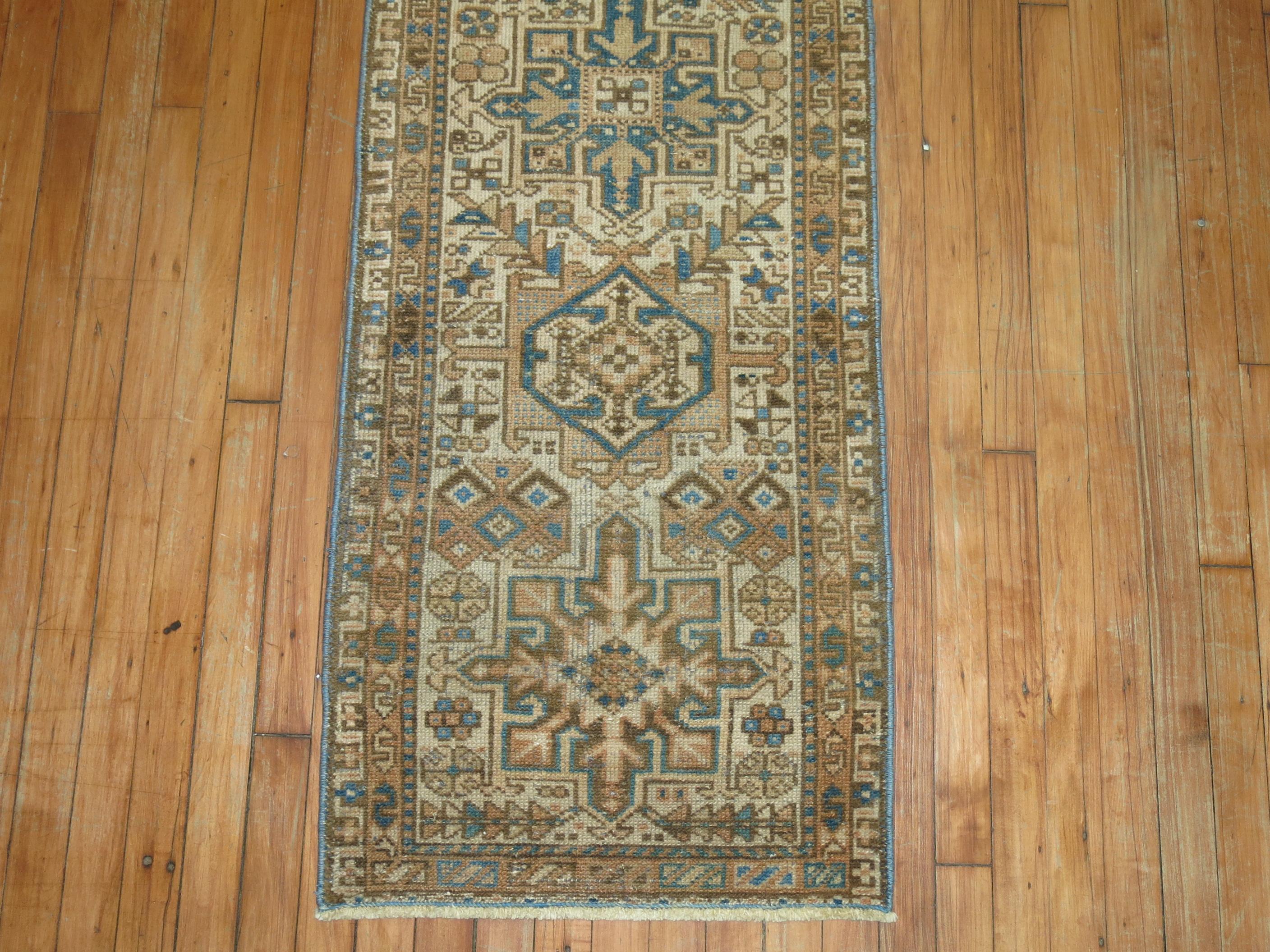 Wool Narrow Rustic Persian Heriz Runner Ivory Brown Blue Tones For Sale