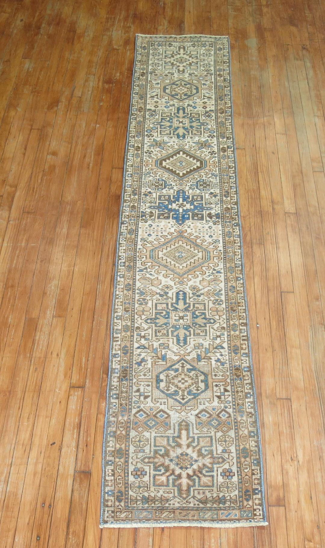 Narrow Rustic Persian Heriz Runner Ivory Brown Blue Tones For Sale 1