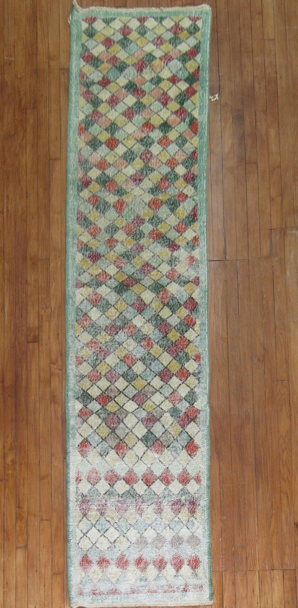 Hand-Knotted Narrow Shabby Chic Green Background Vintage 20th Century Turkish Deco Runner For Sale