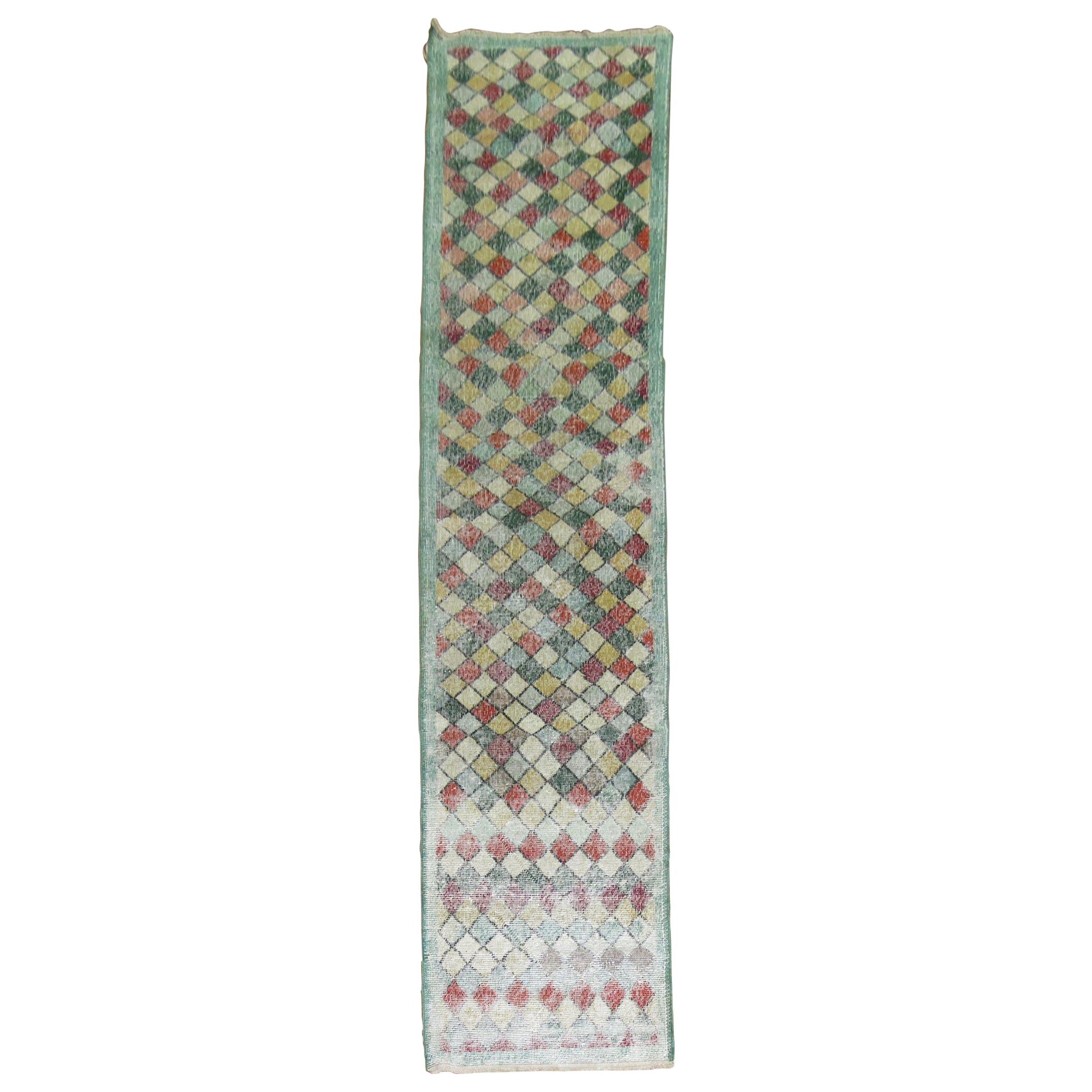 Narrow Shabby Chic Green Background Vintage 20th Century Turkish Deco Runner For Sale