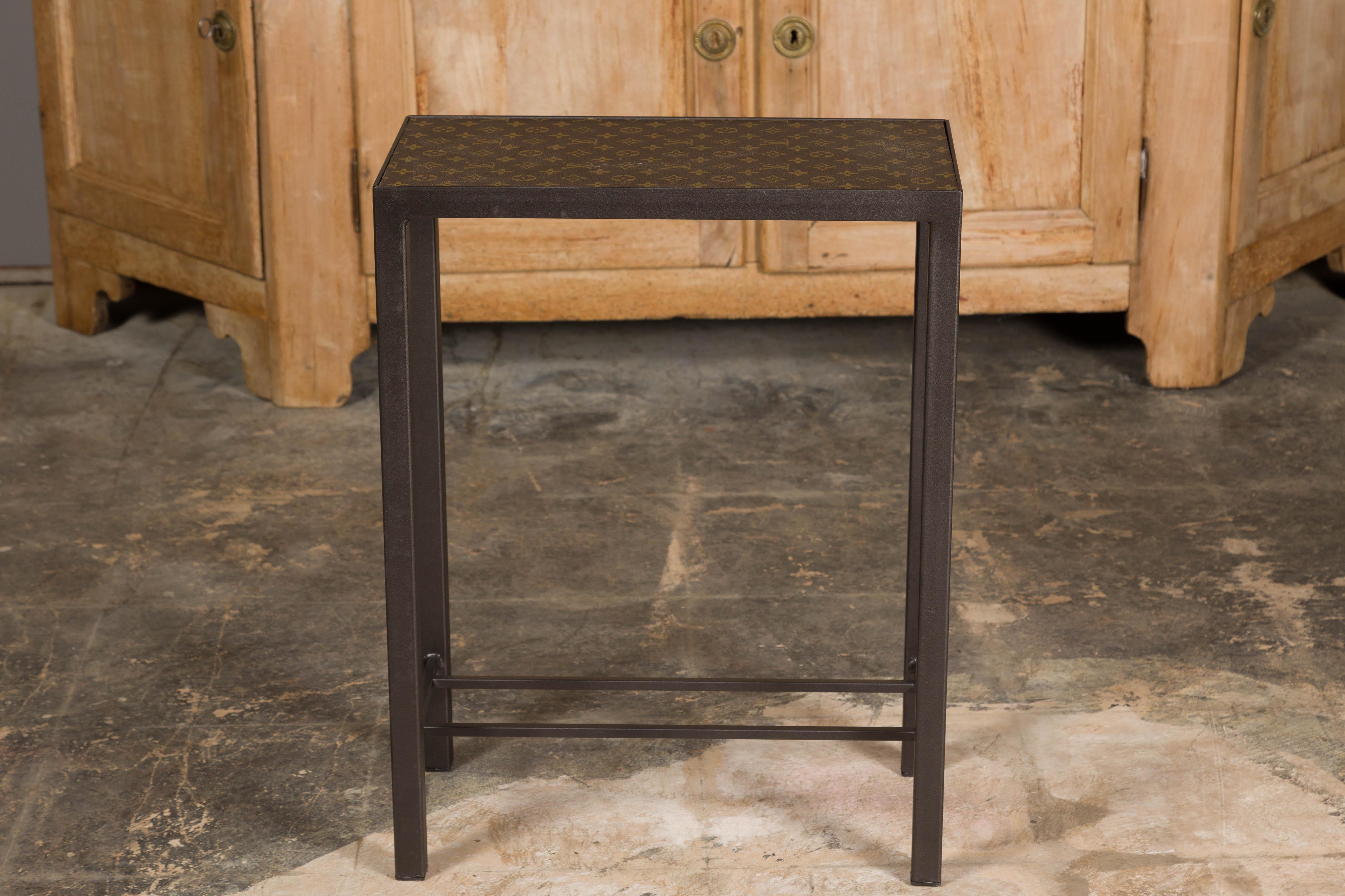 Narrow Side Table with Louis Vuitton Leather Top and Custom Metal Stand For Sale 6
