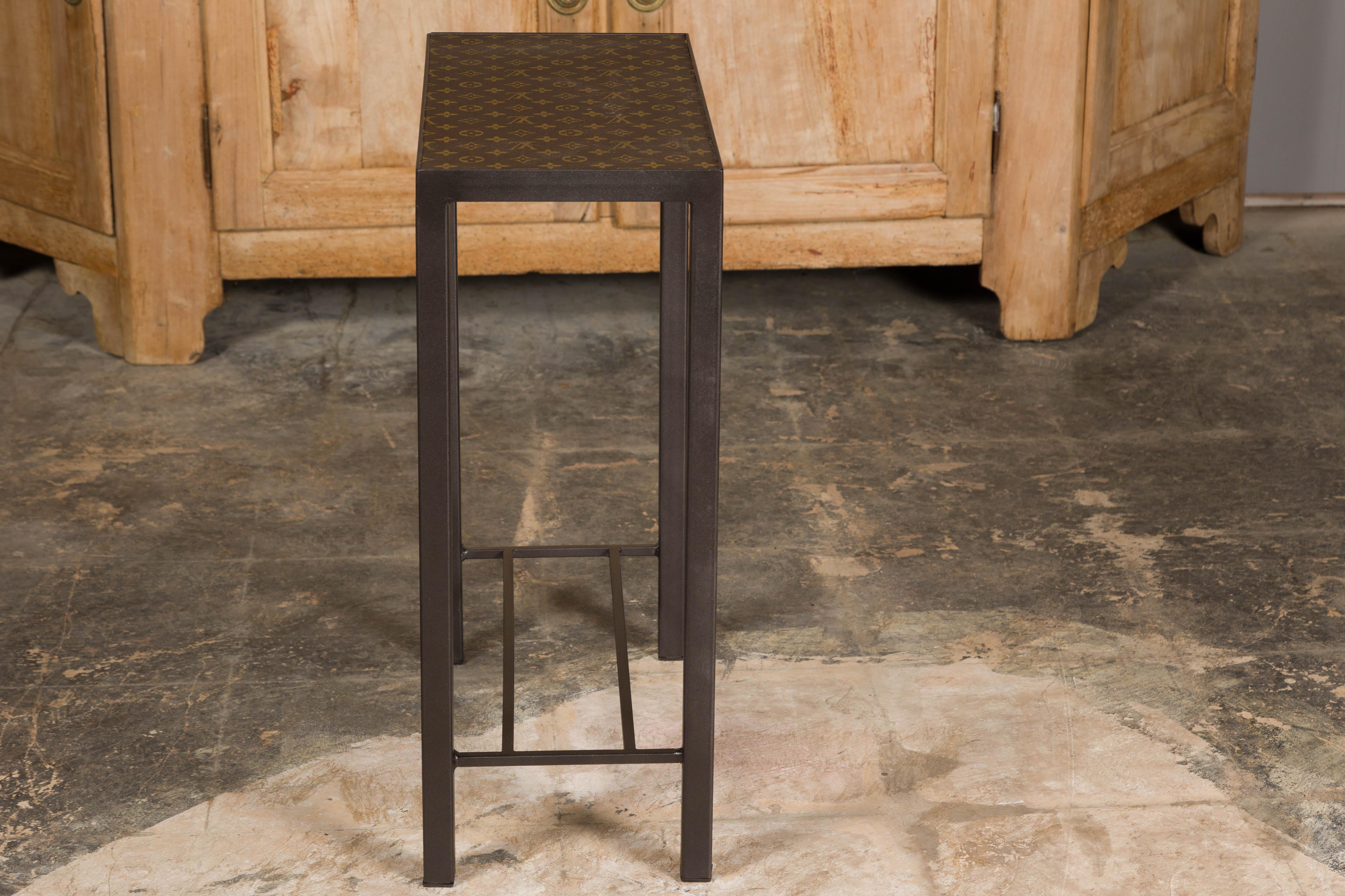 Narrow Side Table with Louis Vuitton Leather Top and Custom Metal Stand For Sale 7