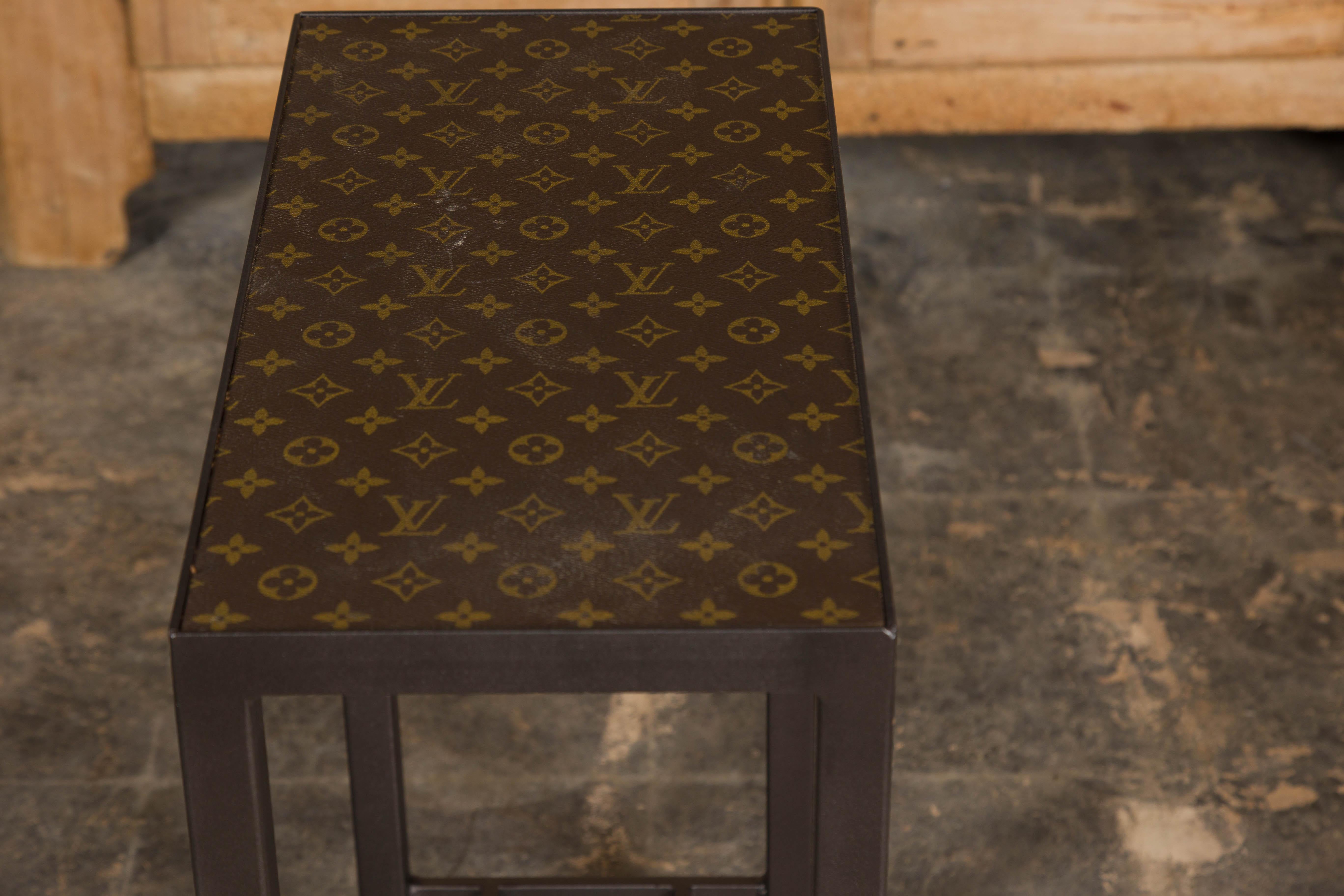Narrow Side Table with Louis Vuitton Leather Top and Custom Metal Stand For Sale 8