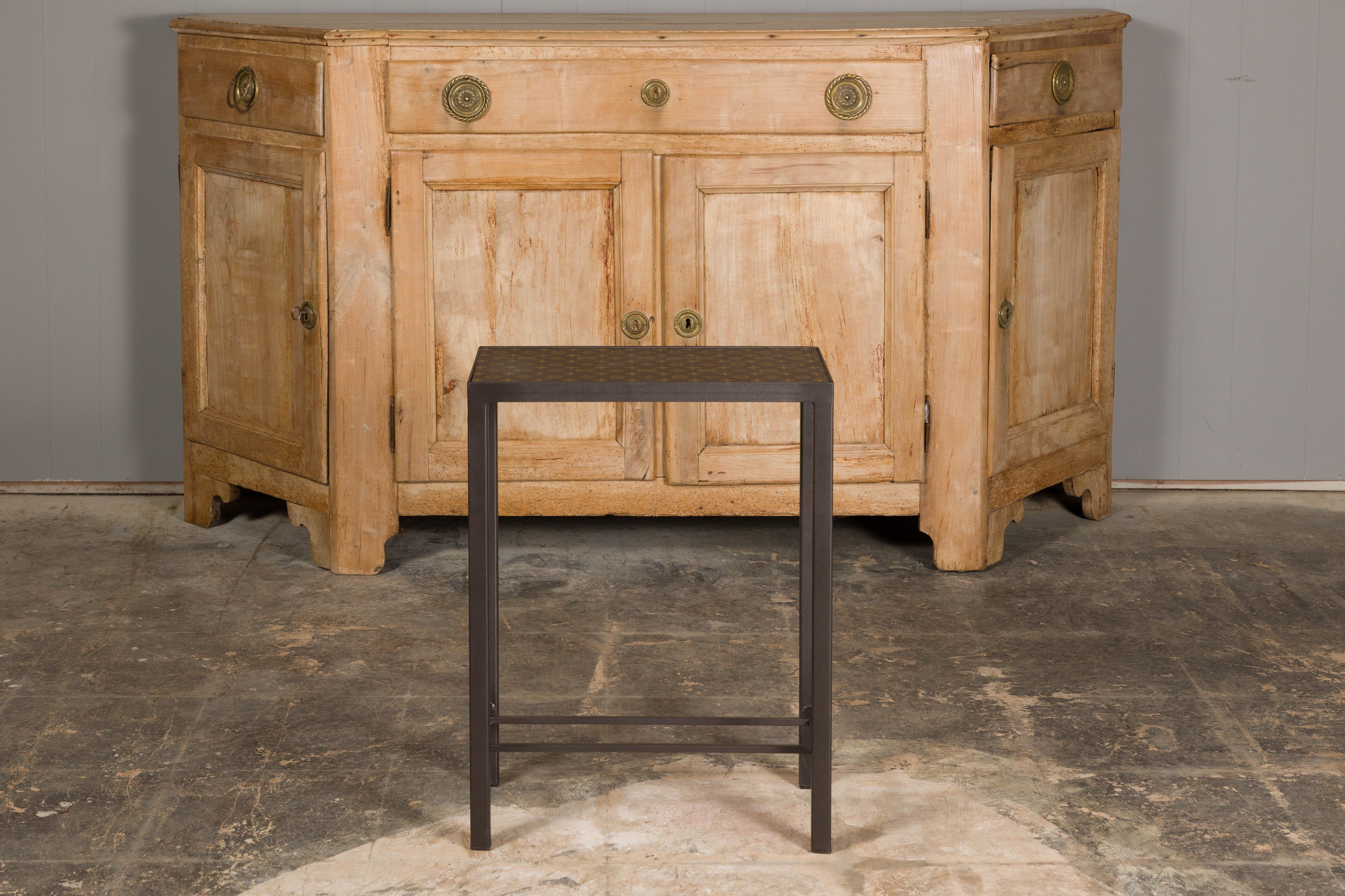 Contemporary Narrow Side Table with Louis Vuitton Leather Top and Custom Metal Stand For Sale